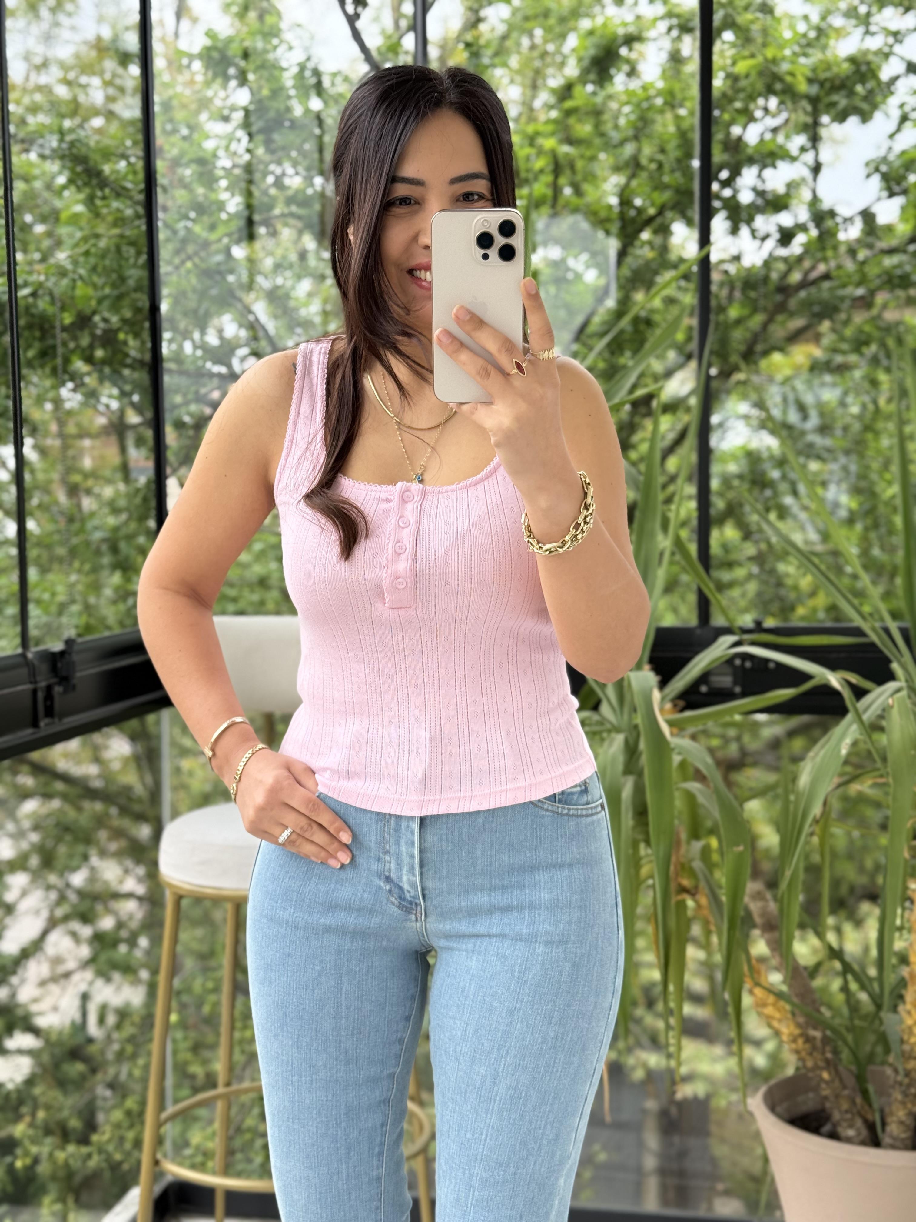 Dilvin Düğmeli Kare Yaka Top Atlet Pembe