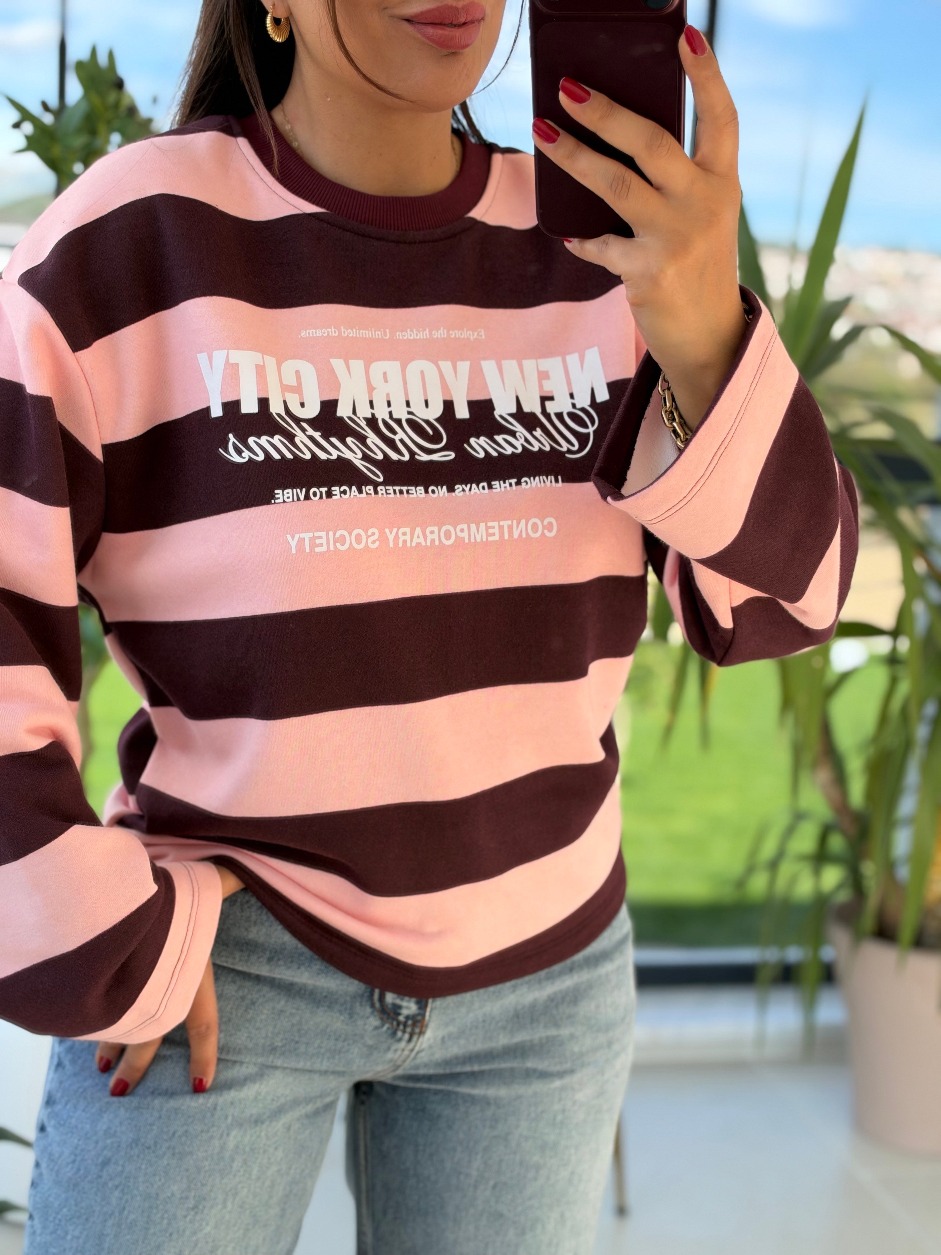 Kalın Çizgili New York Ctiy Sweatshirt Pembe