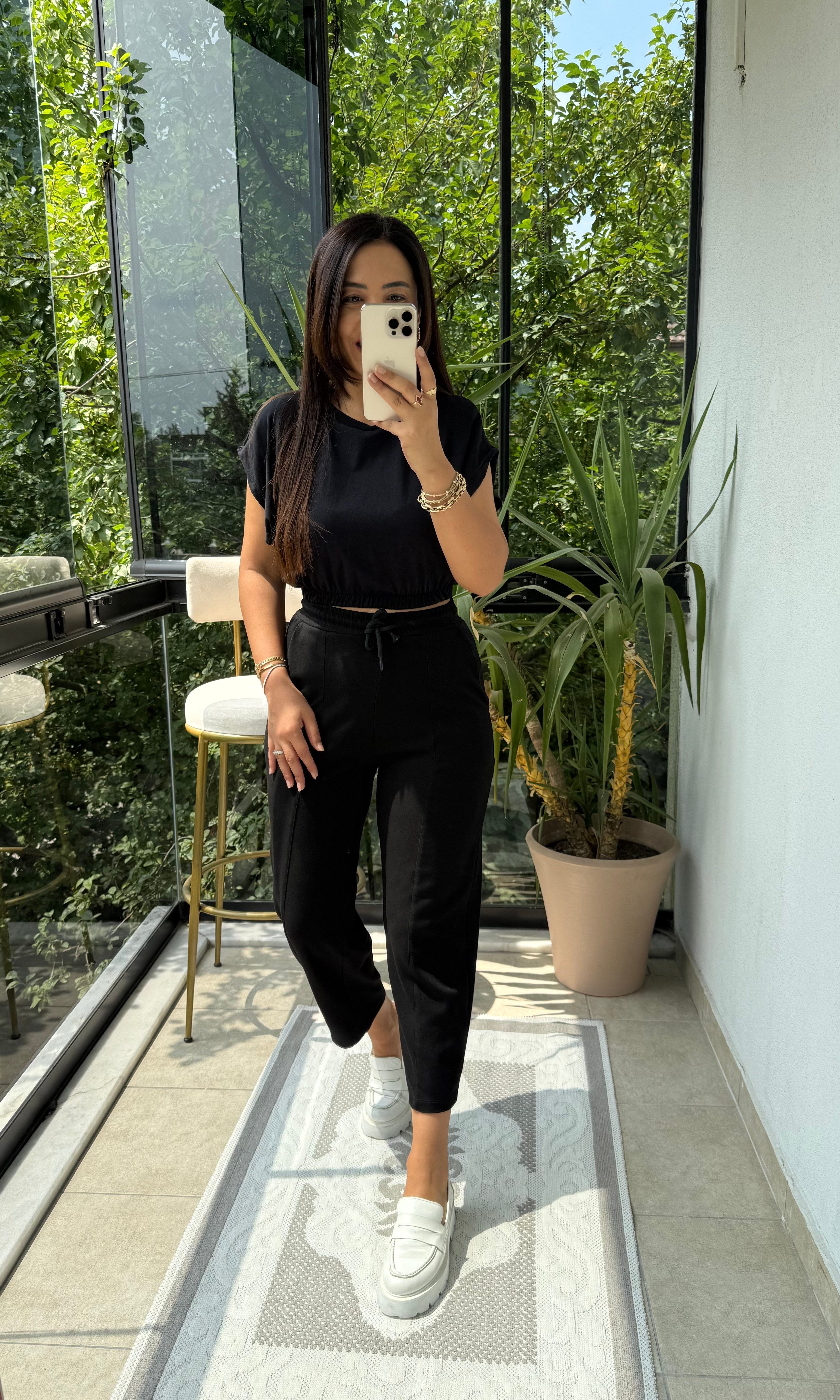 Beli Lastikli Crop Tişört Siyah