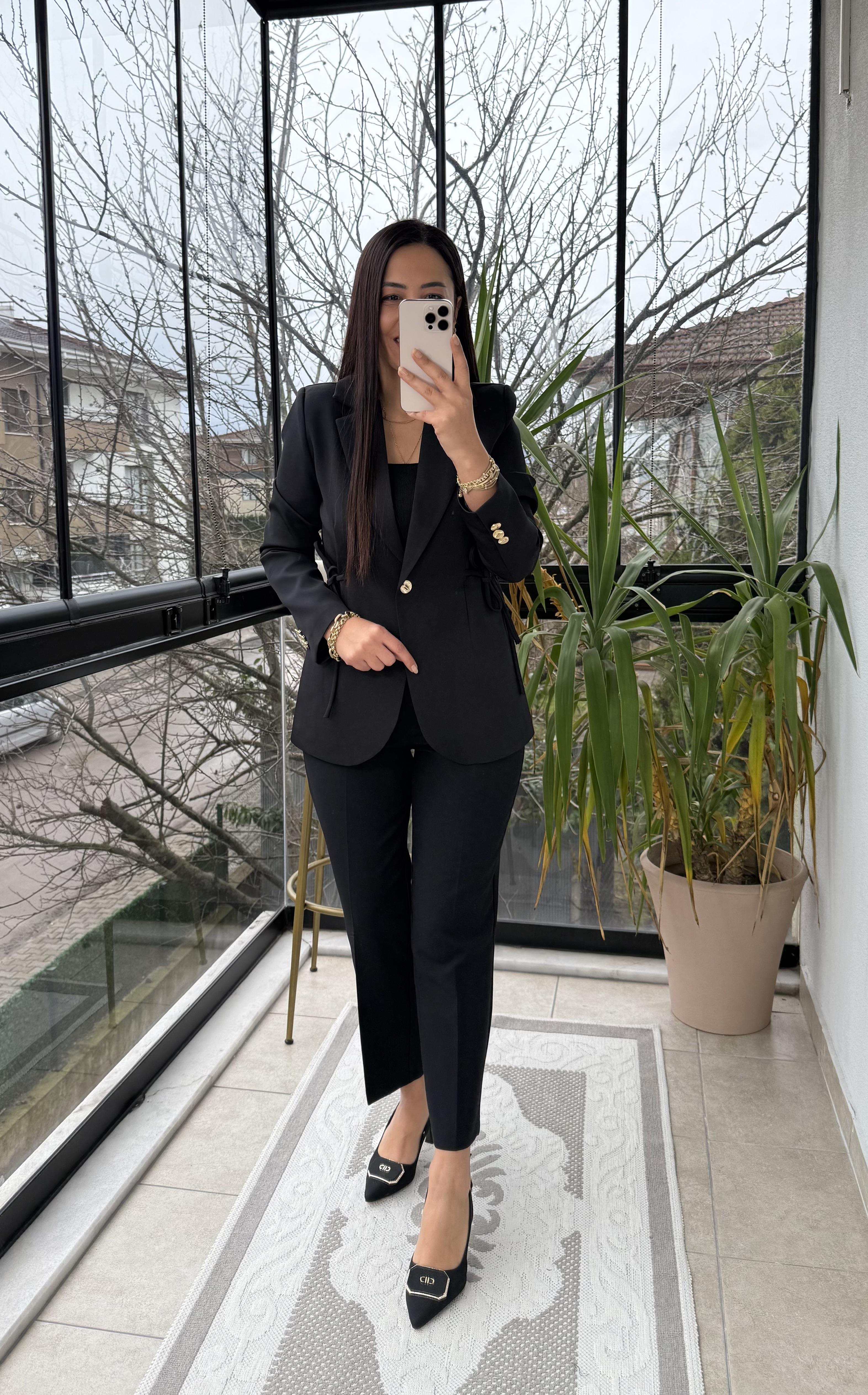 Yanı Bağcıklı Slim Blazer Ceket Siyah