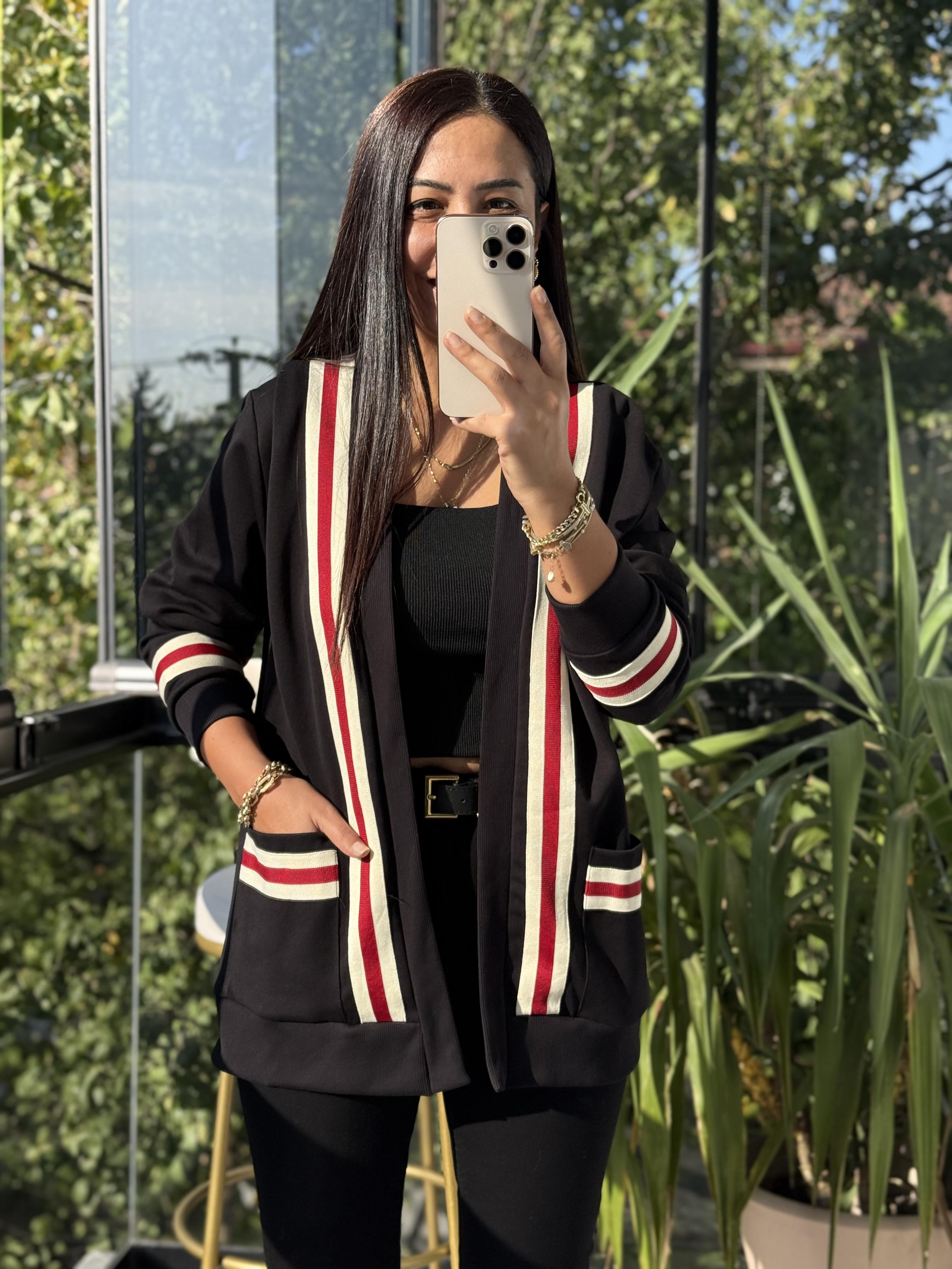 Tiktak Şeritli İnterlok Hırka Siyah