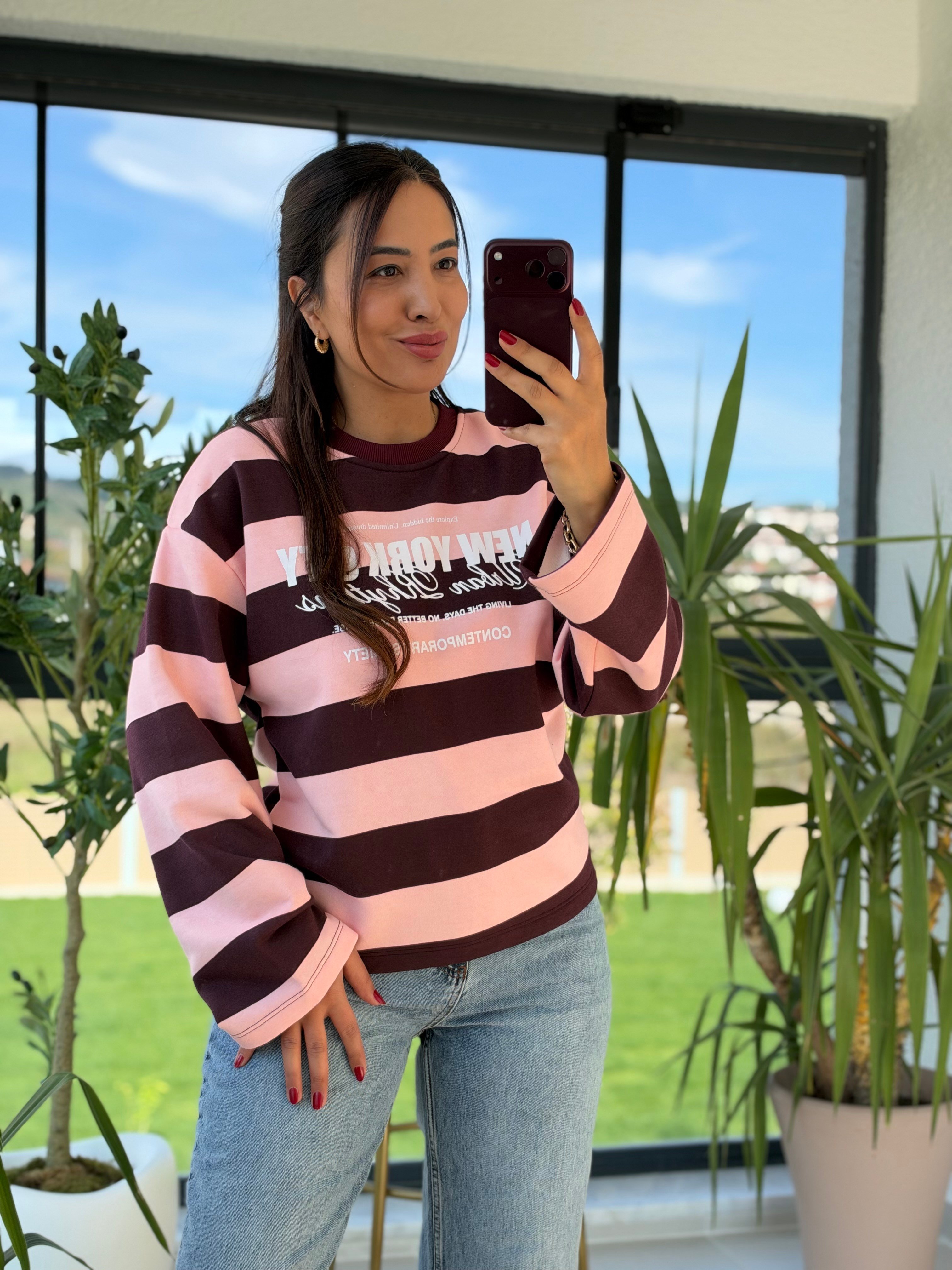 Kalın Çizgili New York Ctiy Sweatshirt Pembe