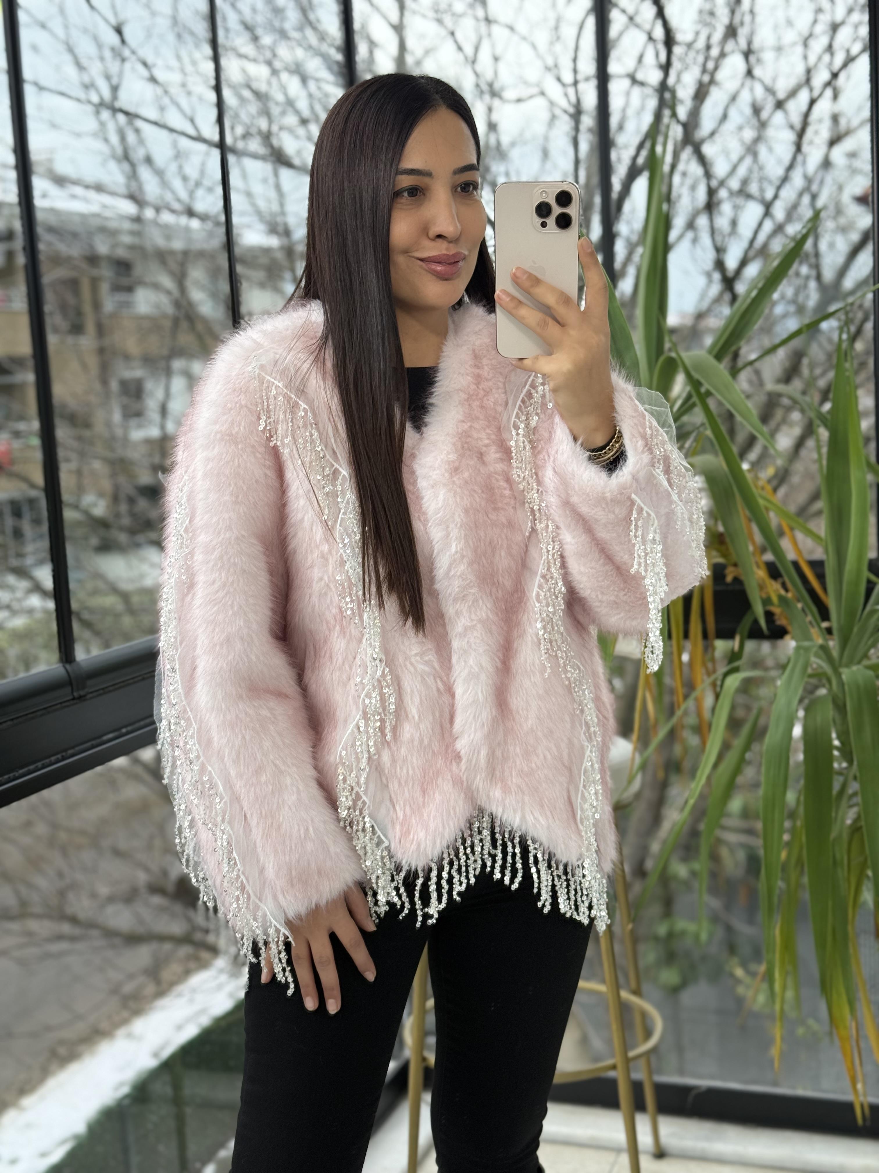 İthal Sallantılı Payetli Kürklü Ceket Pembe