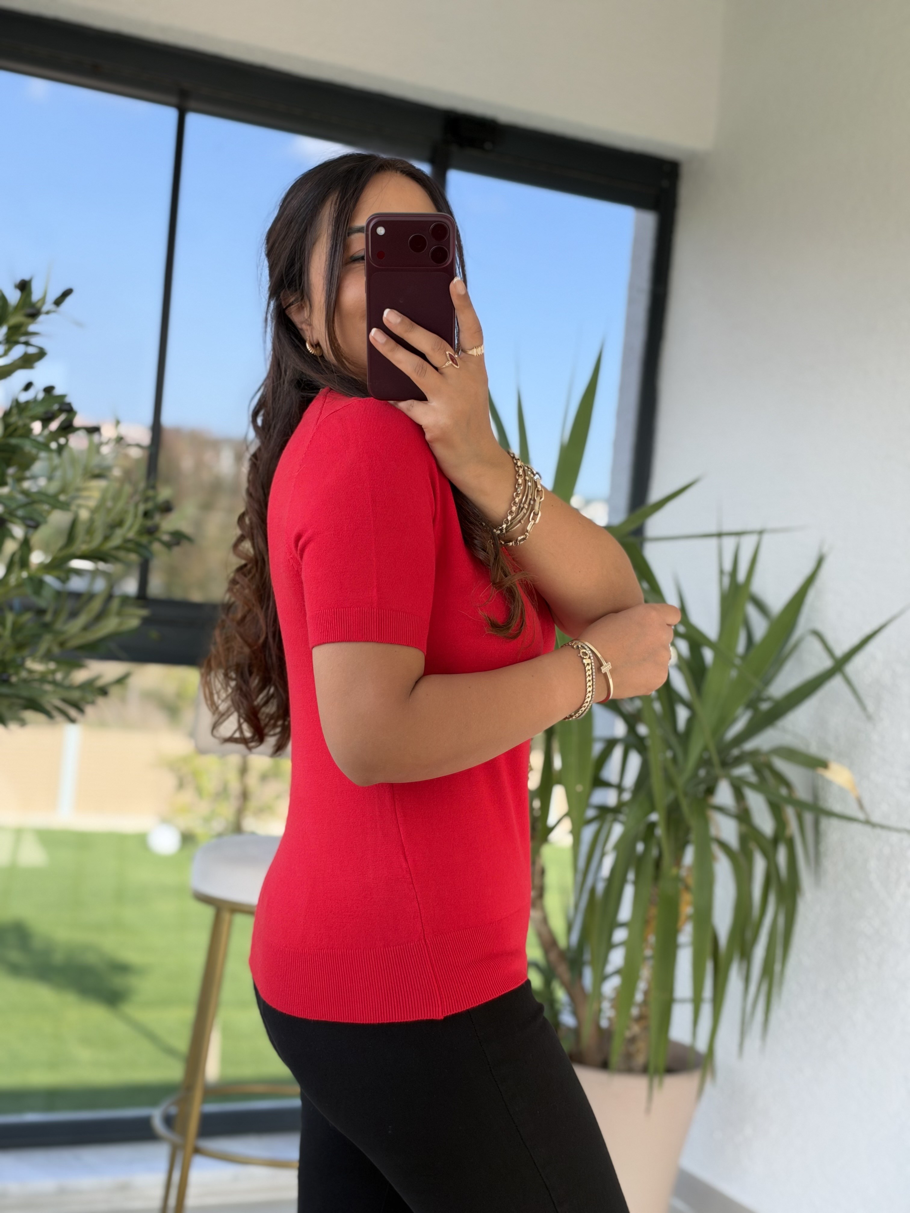 Bisiklet Yaka Kısa Kol Basic Triko Bluz Koyu Kırmızı