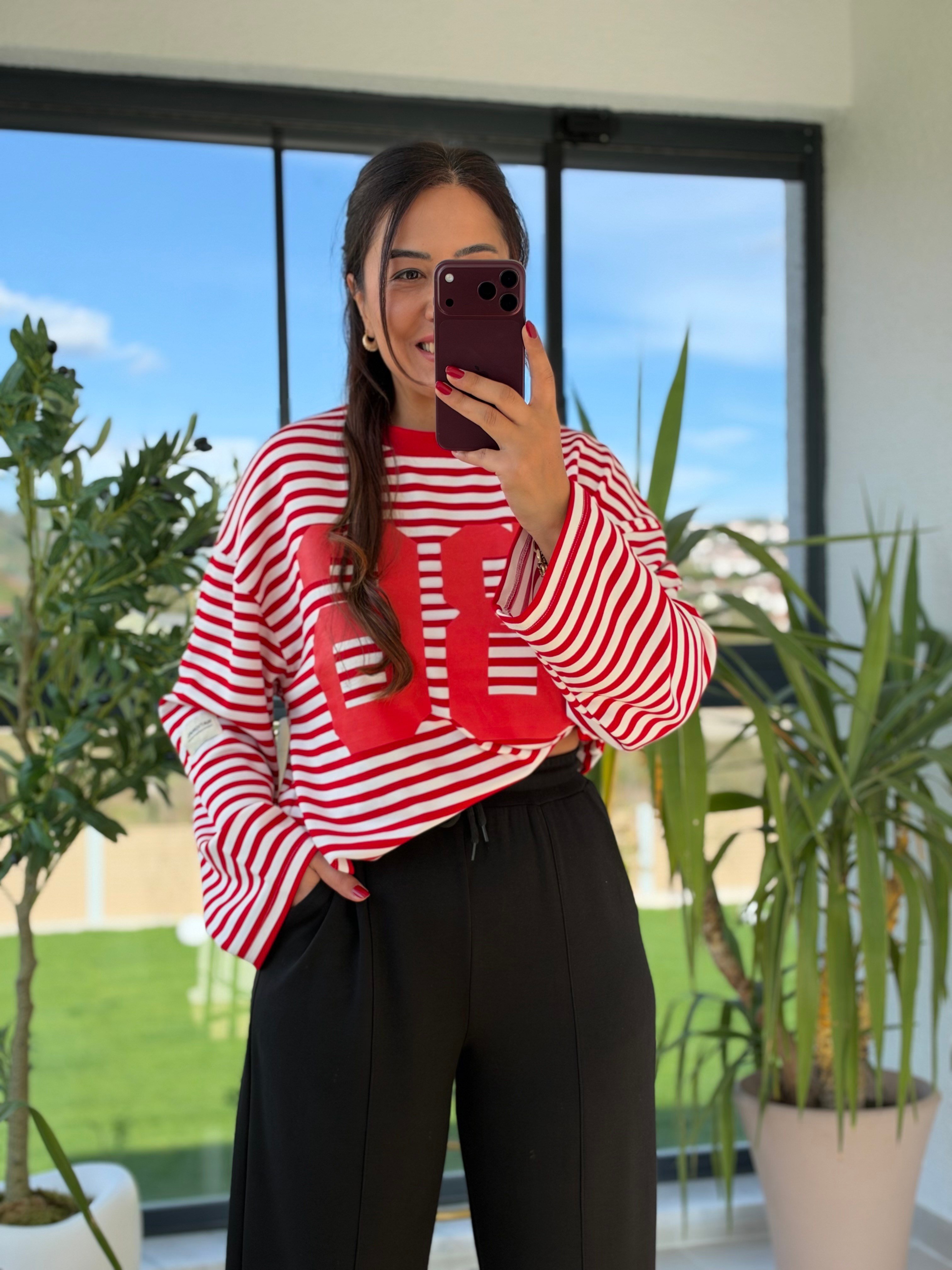 36 Baskılı Çizgili Basic Sweatshirt Kırmızı
