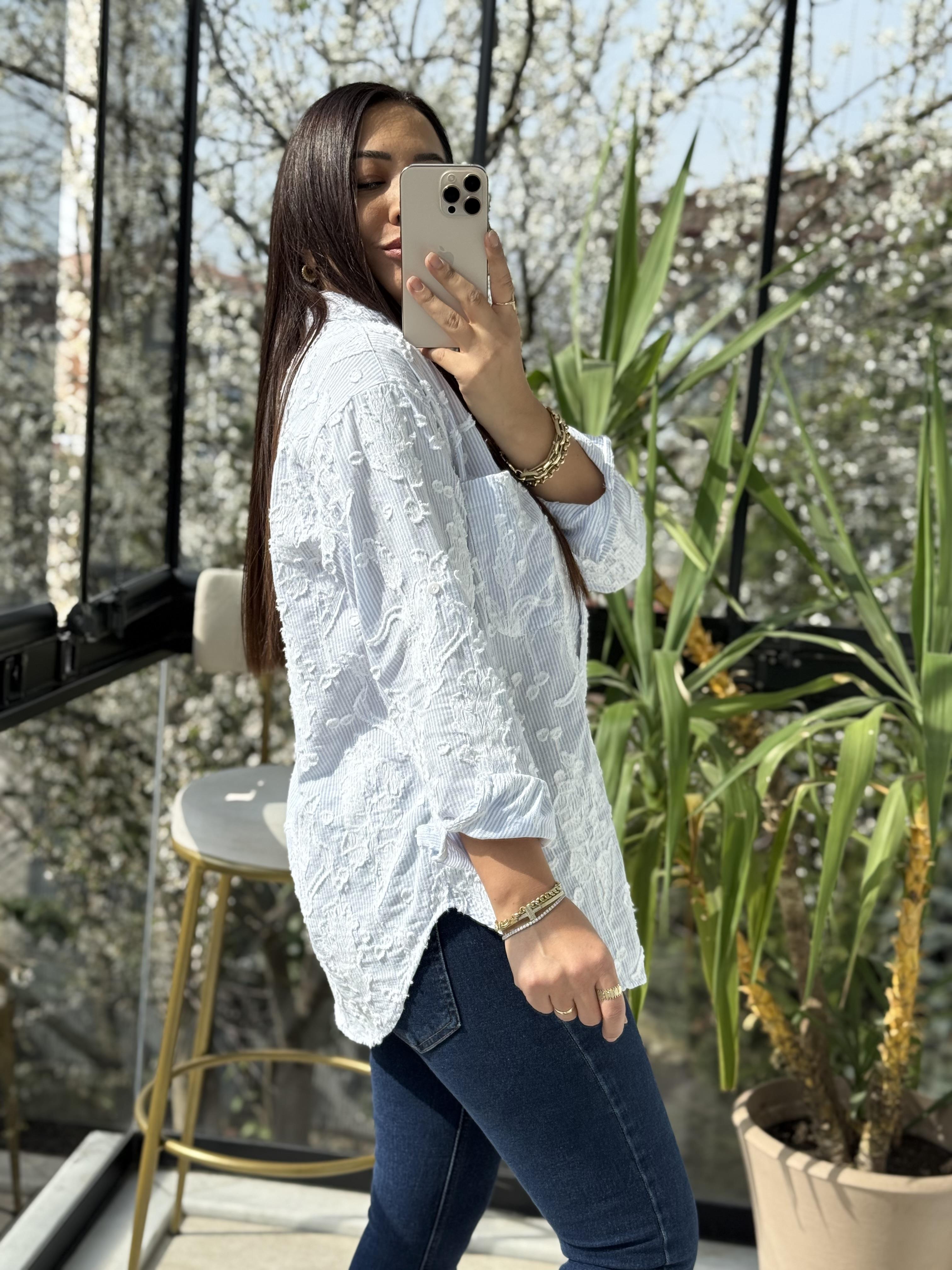 Kabartmalı Çizgili Pamuklu Gömlek Mavi