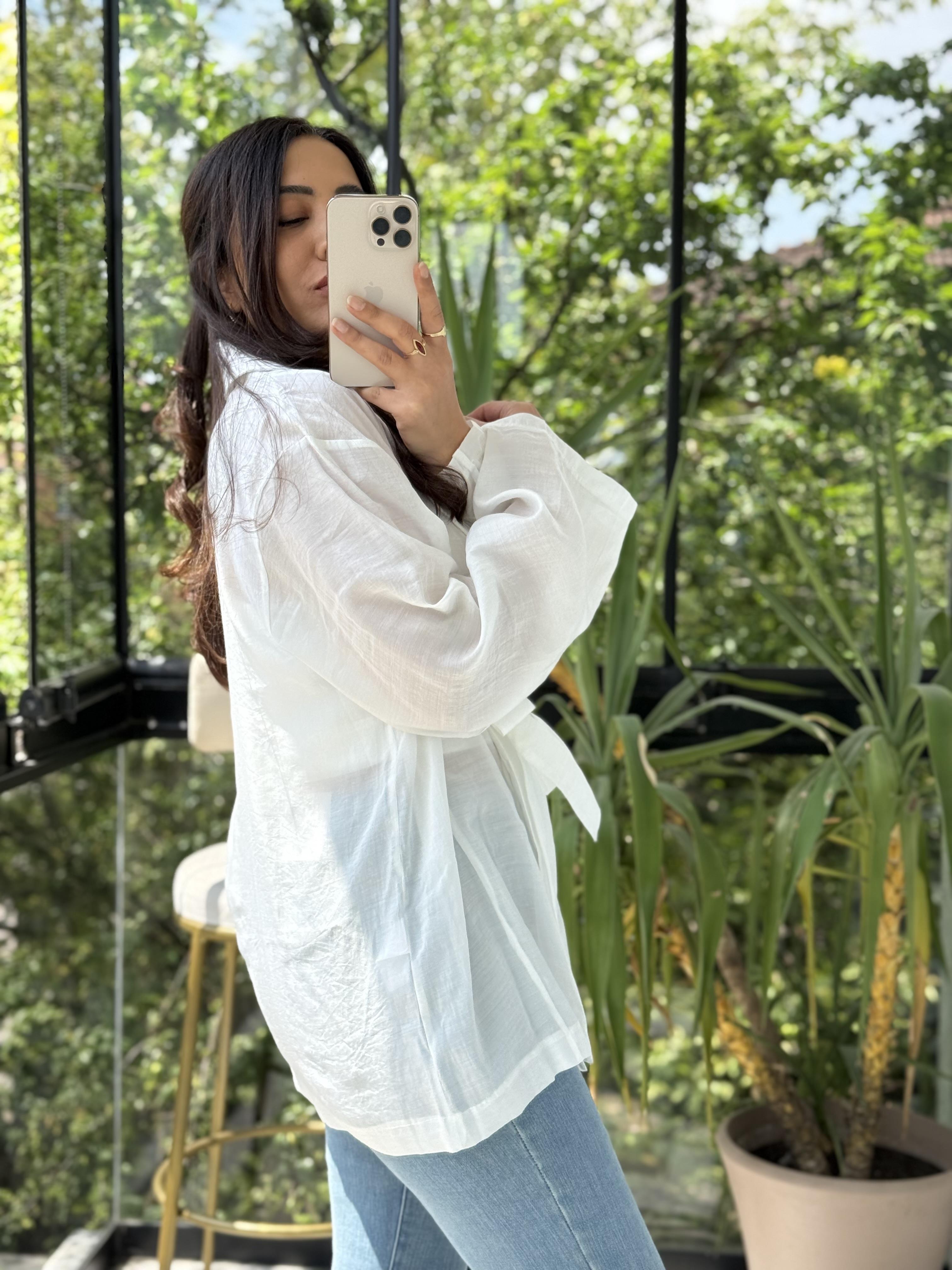 Kruvaze Yaka Bağlamalı Kimono Ekru