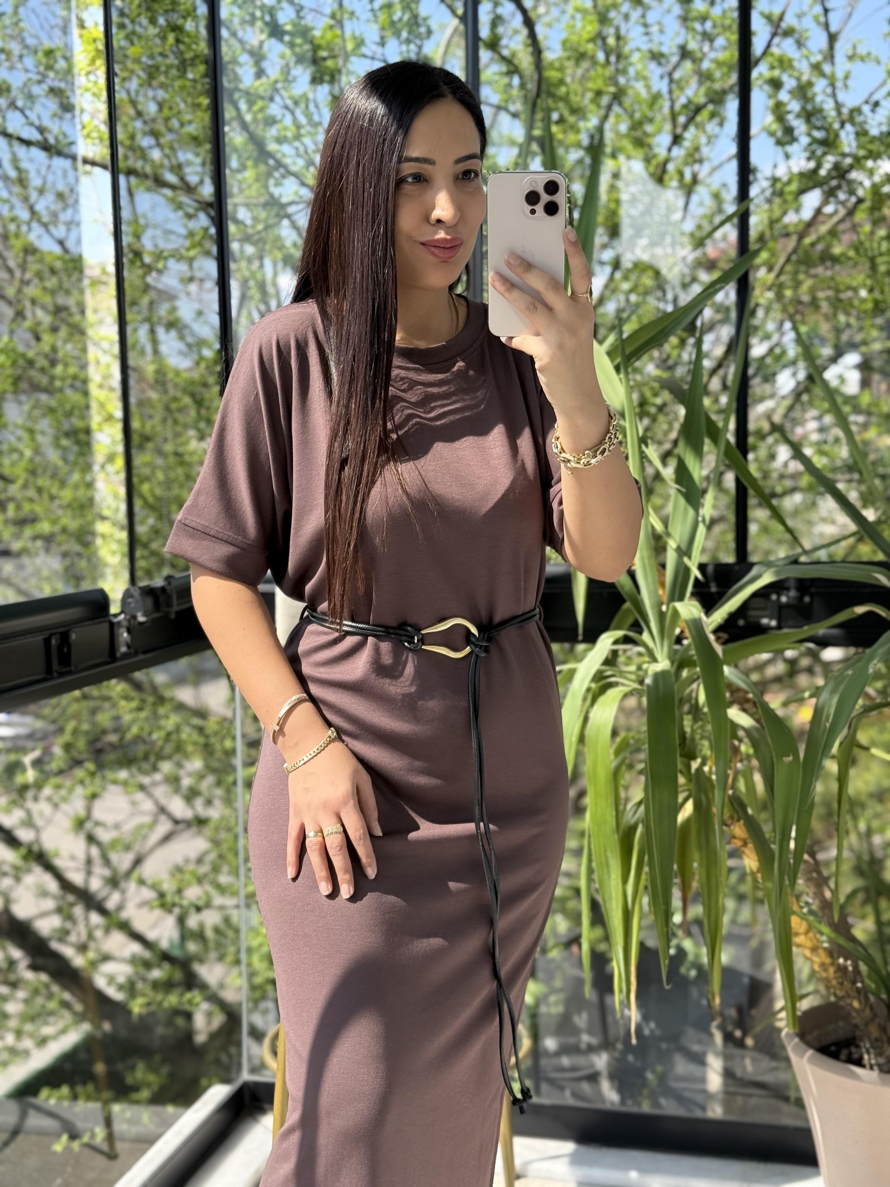 Kemerli Modal Elbise Kahve