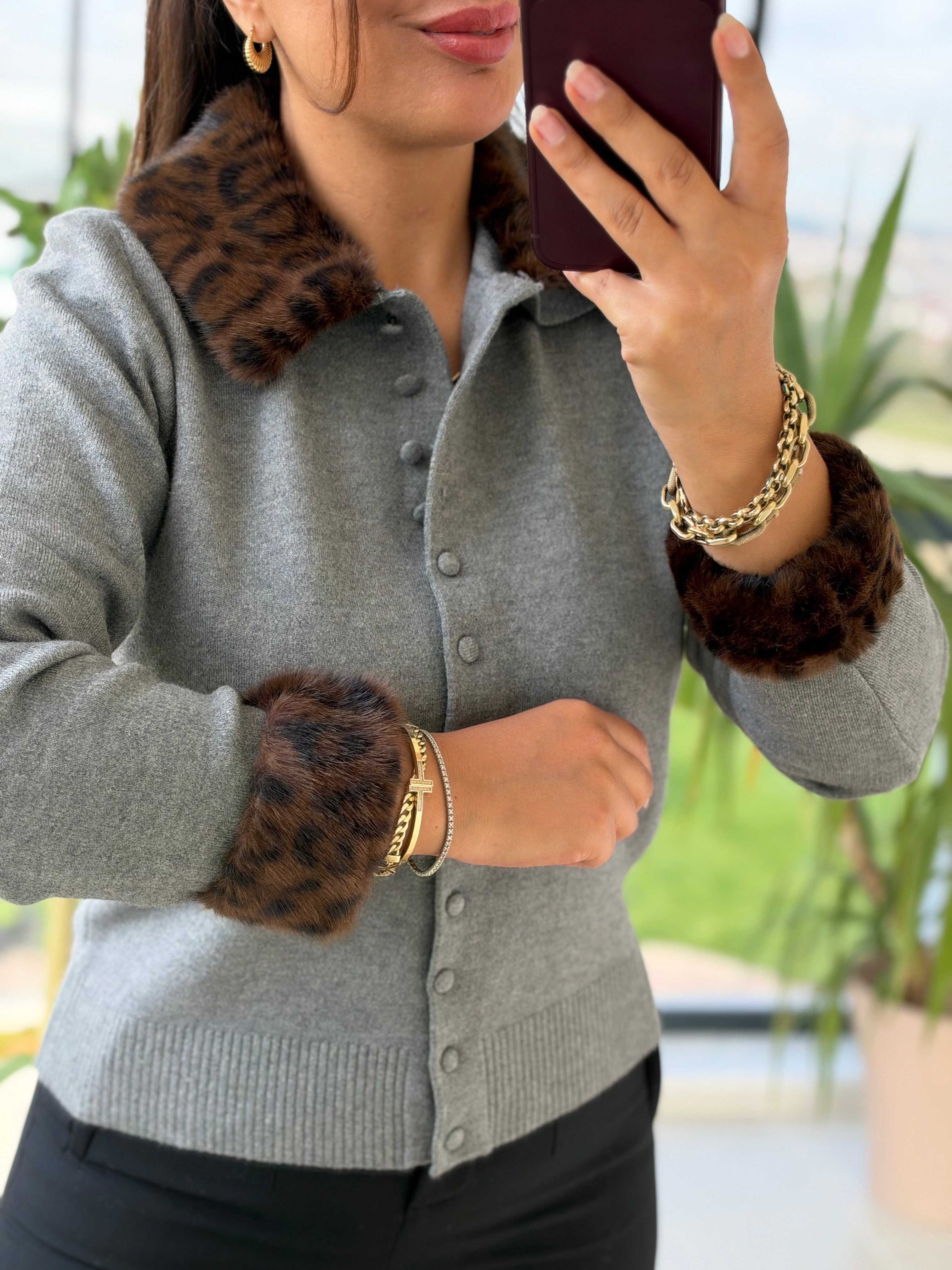 Leopar Kürklü Yakalı Lüx Seri Hırka Gri