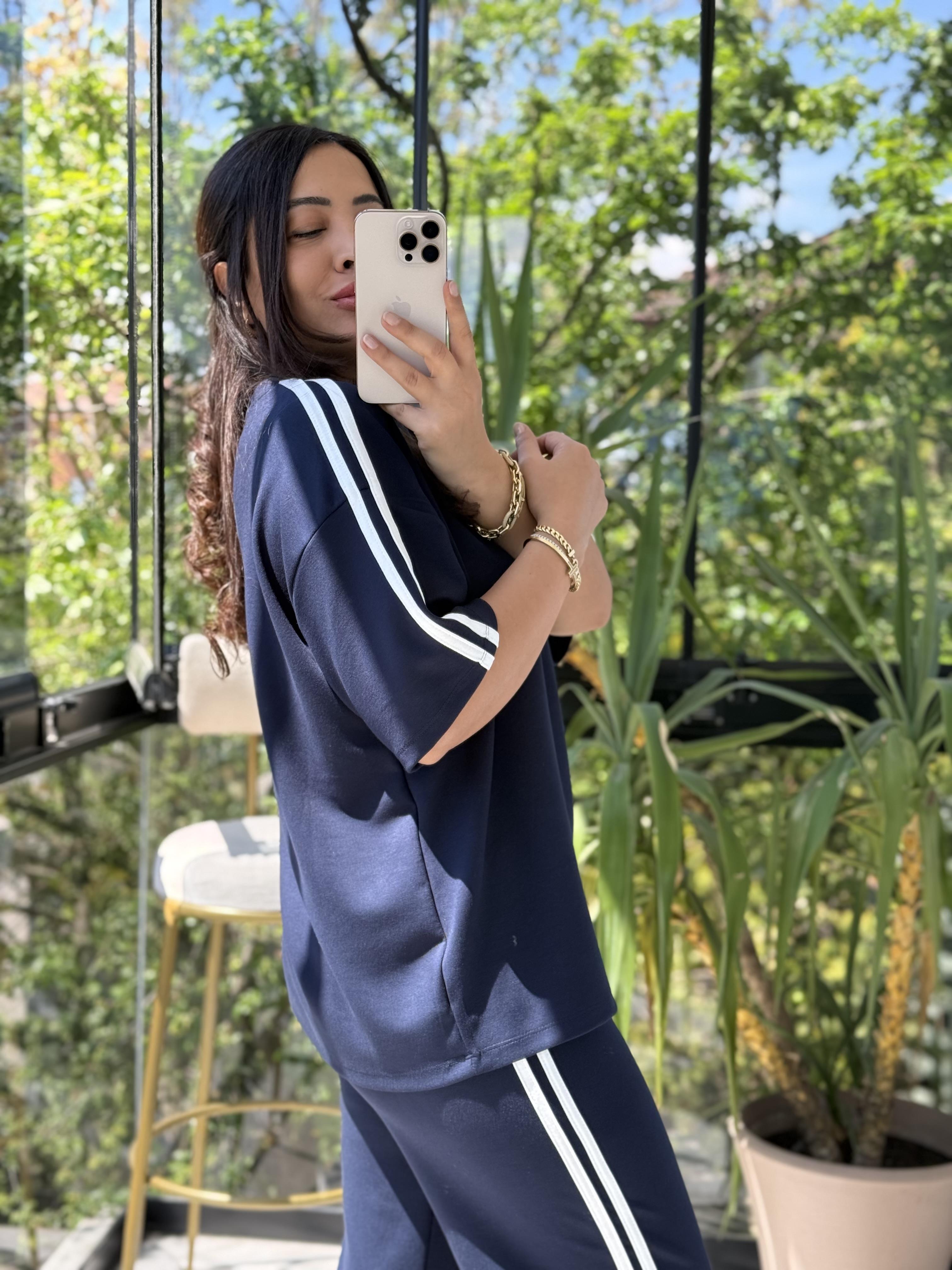Şerit Detaylı Cool Takım Lacivert