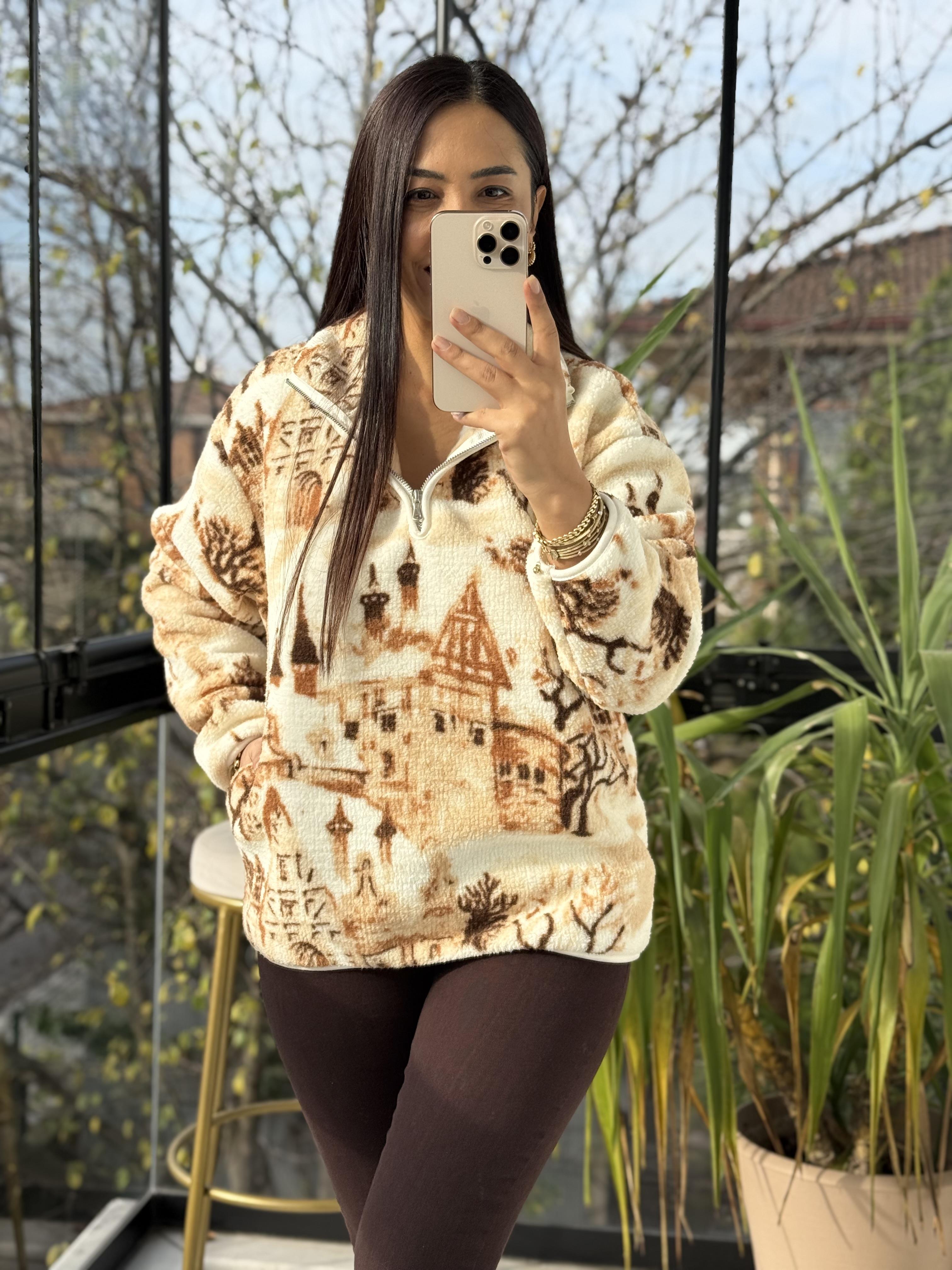 Desenli Yarım Fermuarlı Polar Sweat Kahve