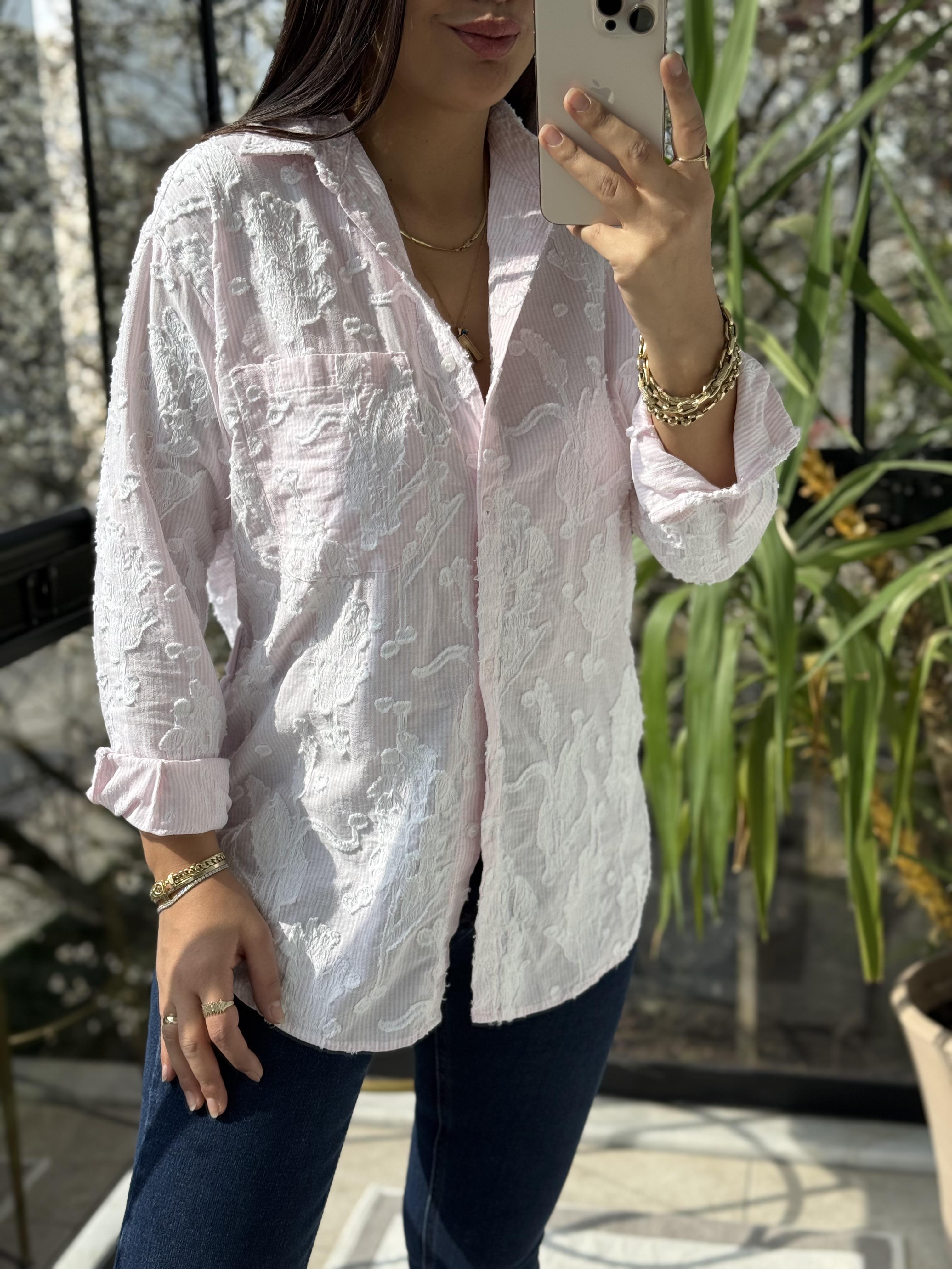 Kabartmalı Çizgili Pamuklu Gömlek Pembe