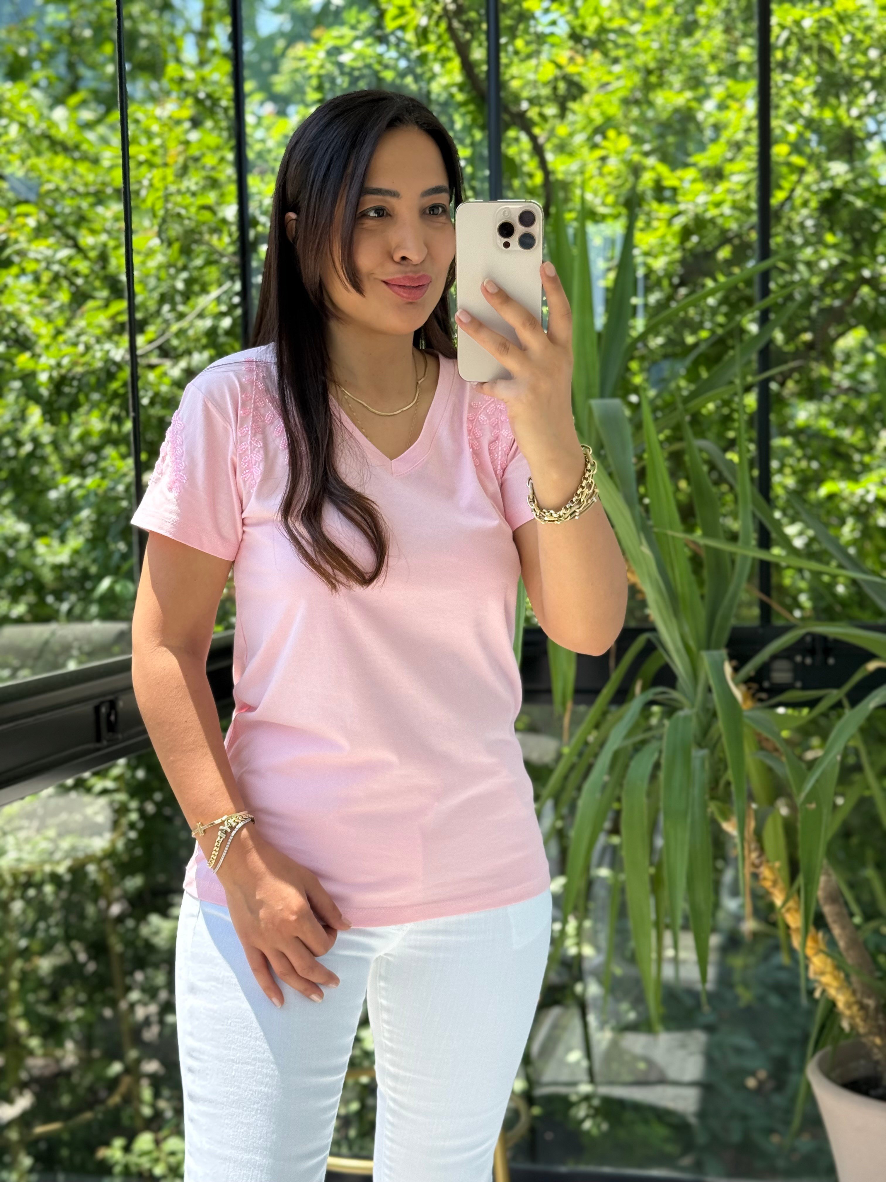 Flora Boncuk Detaylı Tişört Pembe