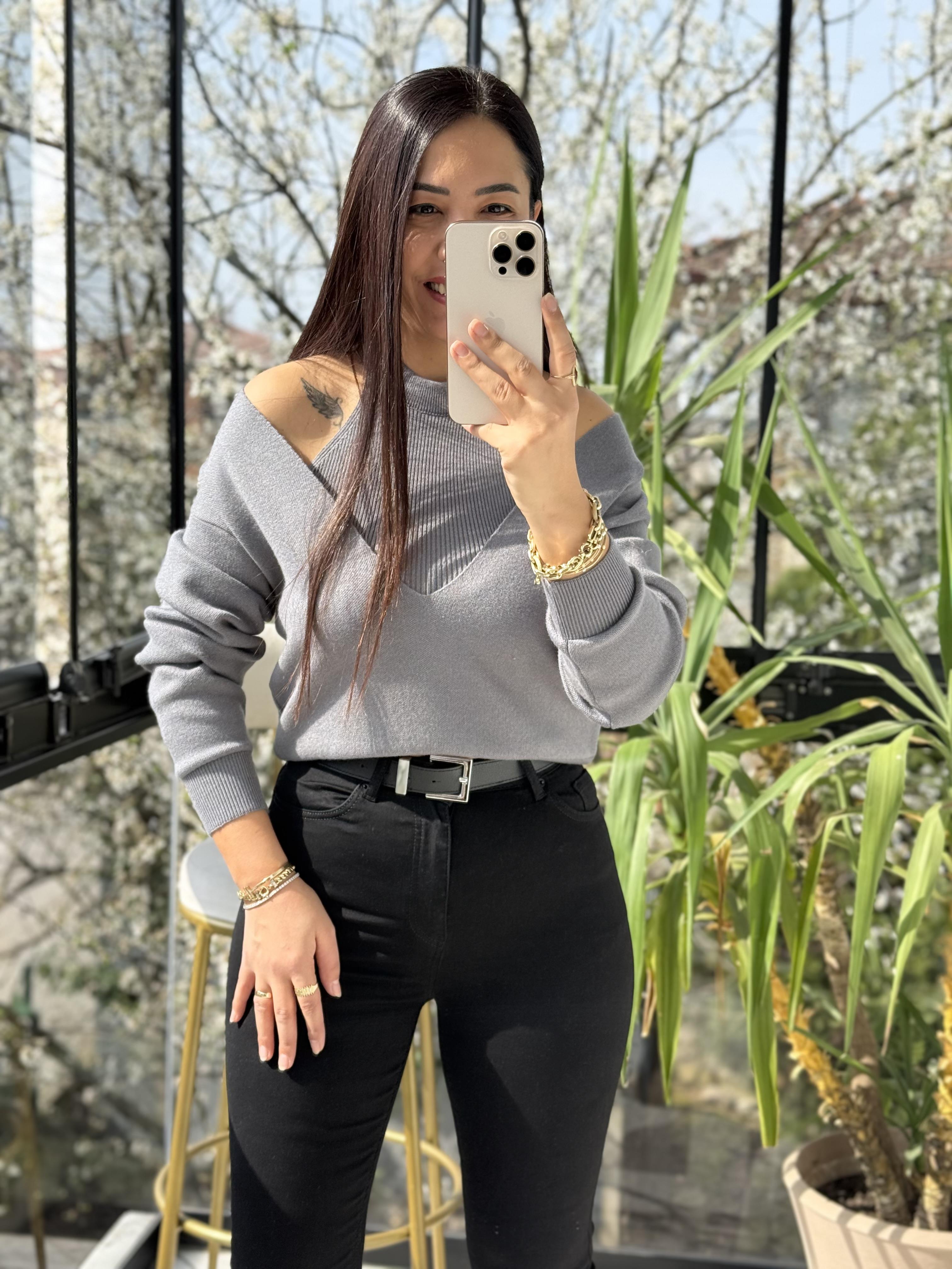 V Detay Atletli Triko Antrasit