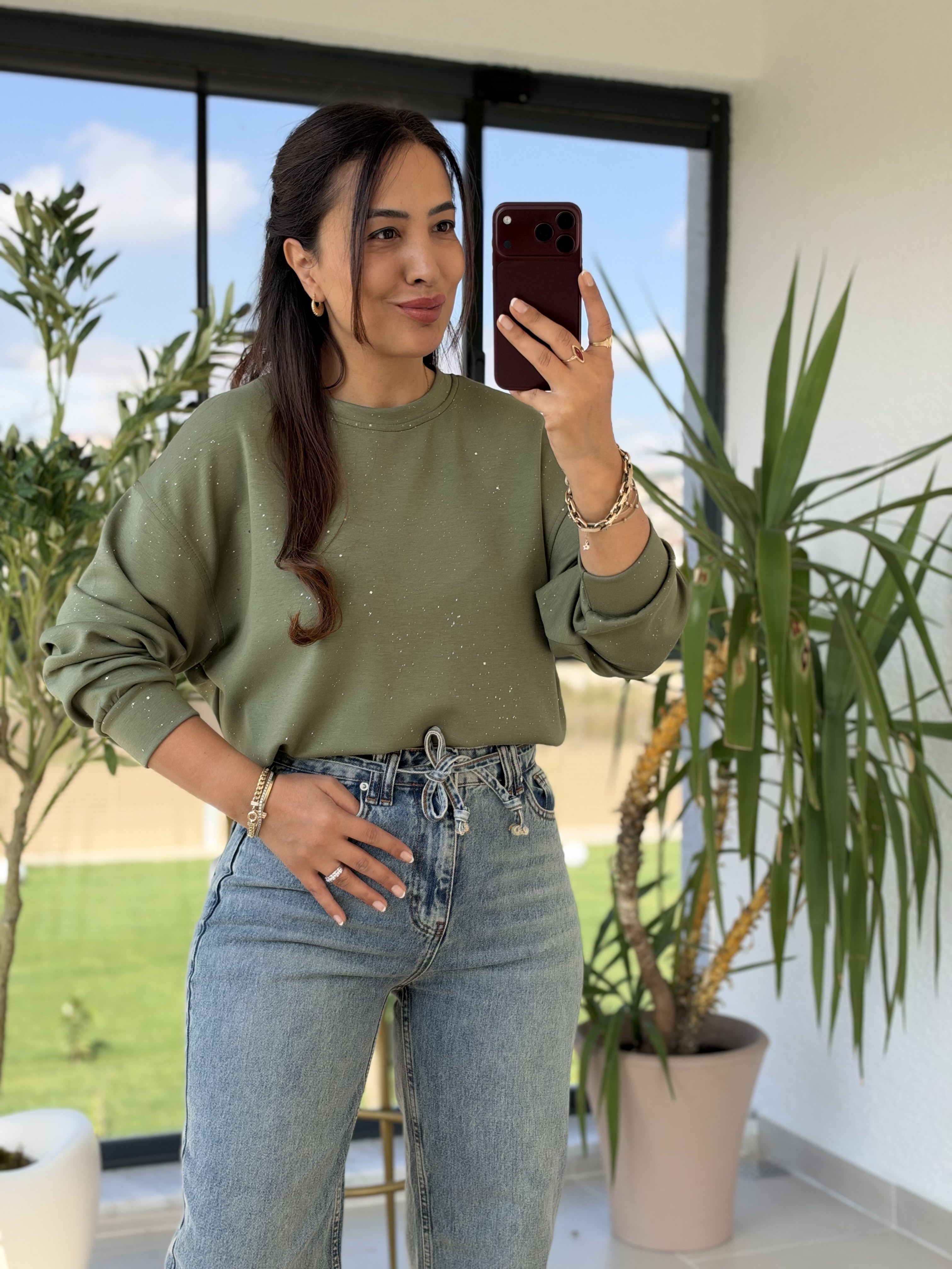 Simli Oysh Sweatshirt Haki Yeşili