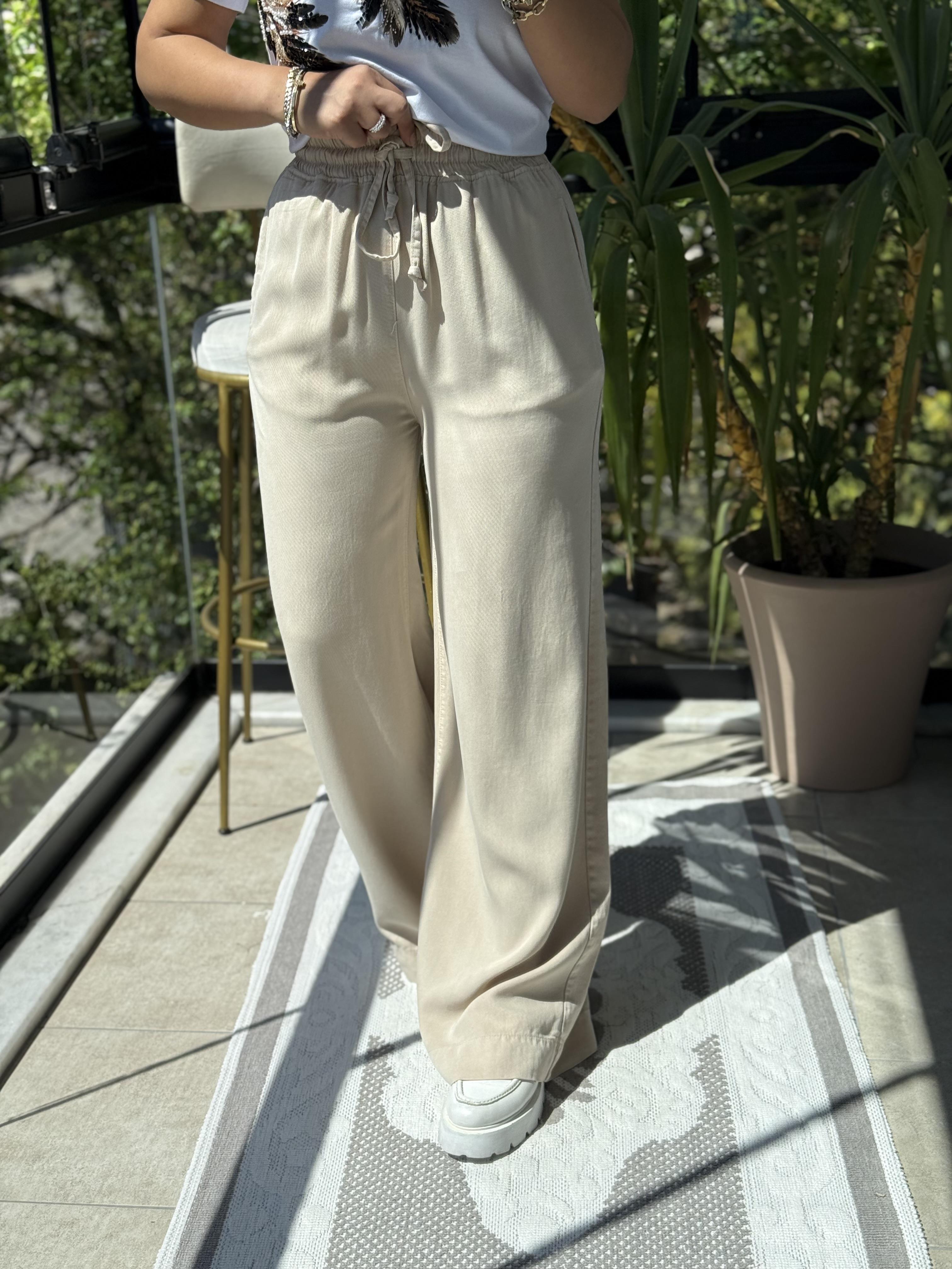 Lastikli Palazzo Pantolon Bej