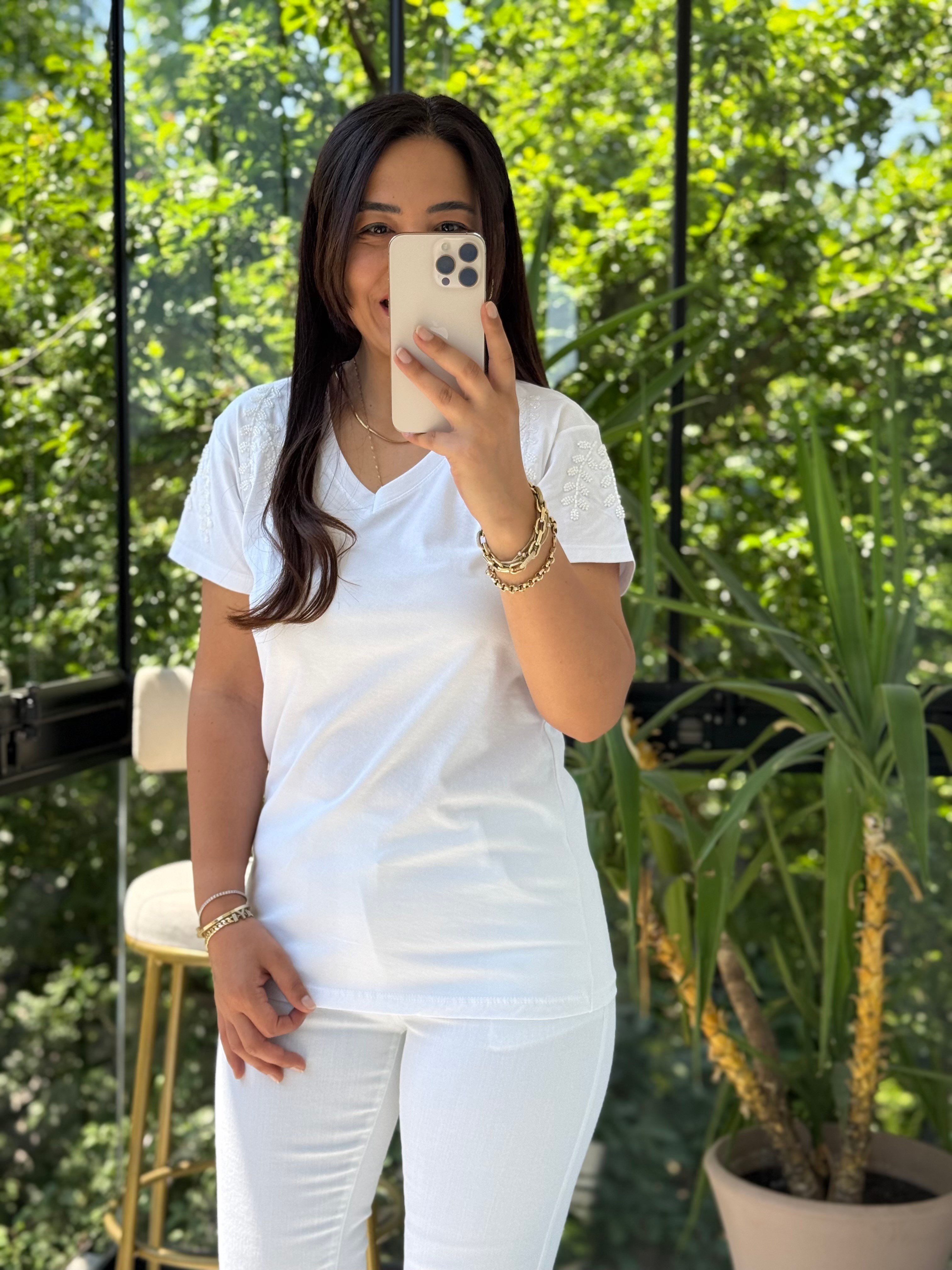Flora Boncuk Detaylı Tişört Beyaz