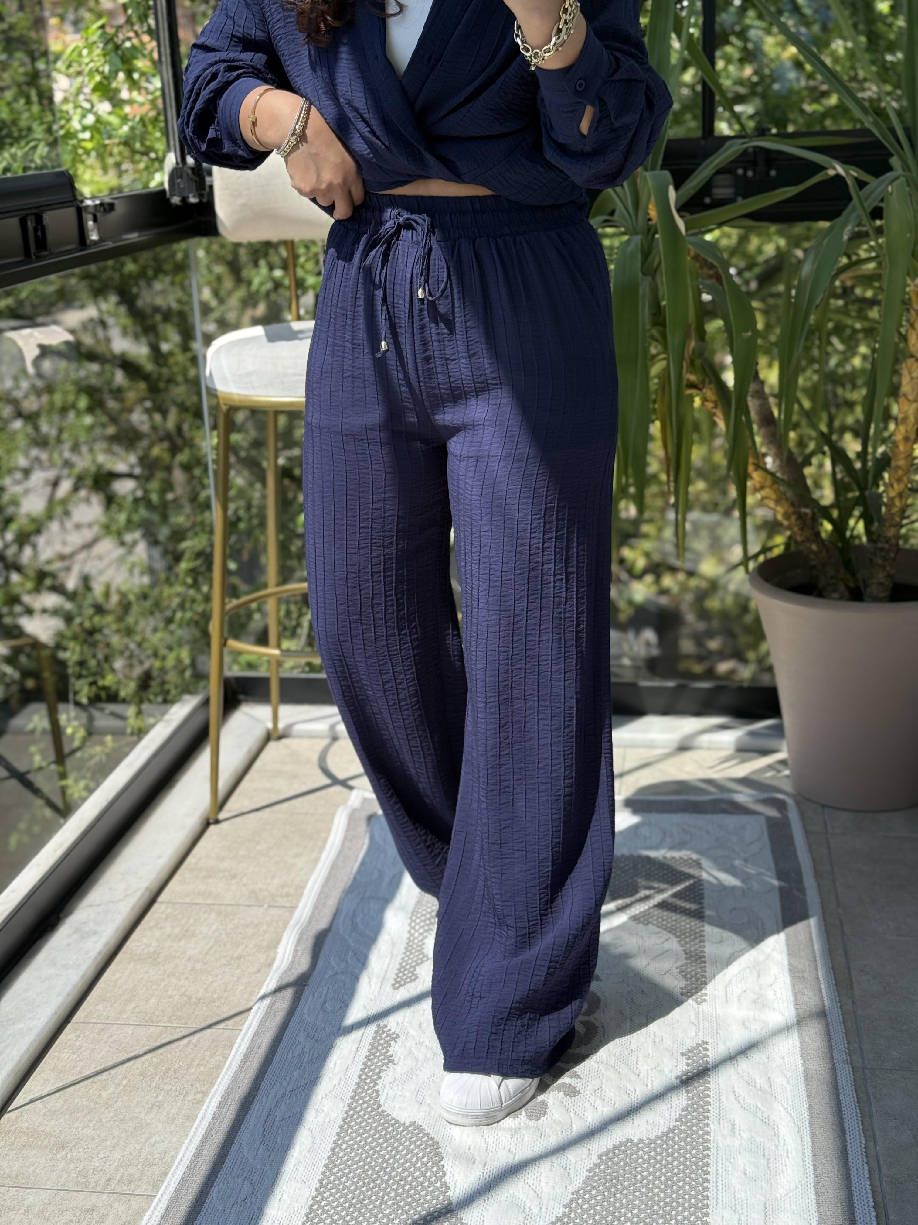 Dikiş Detaylı Palazzo Kumaş Pantolon Lacivert
