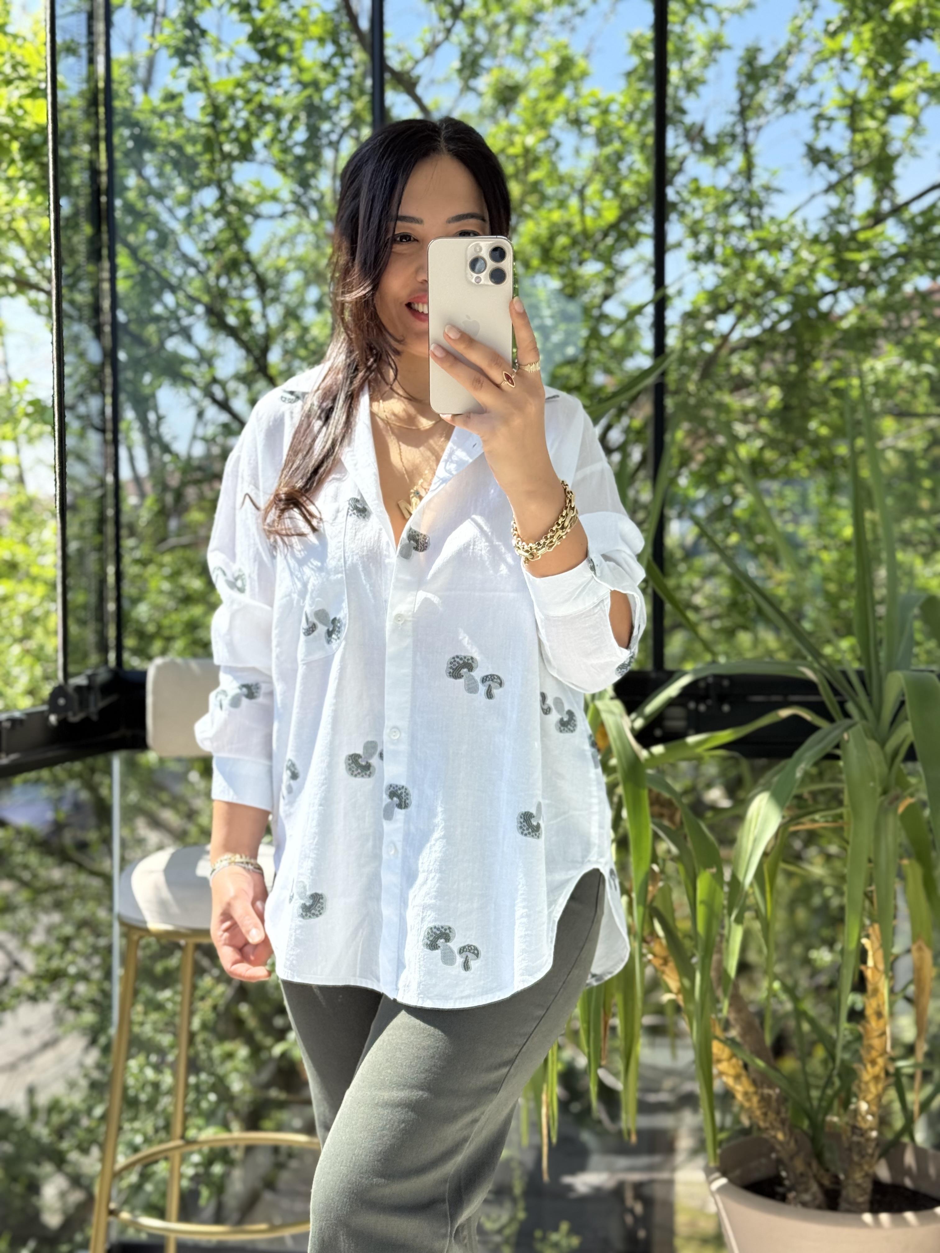 Monochiç Desen Pamuklu Gömlek Haki Yeşili