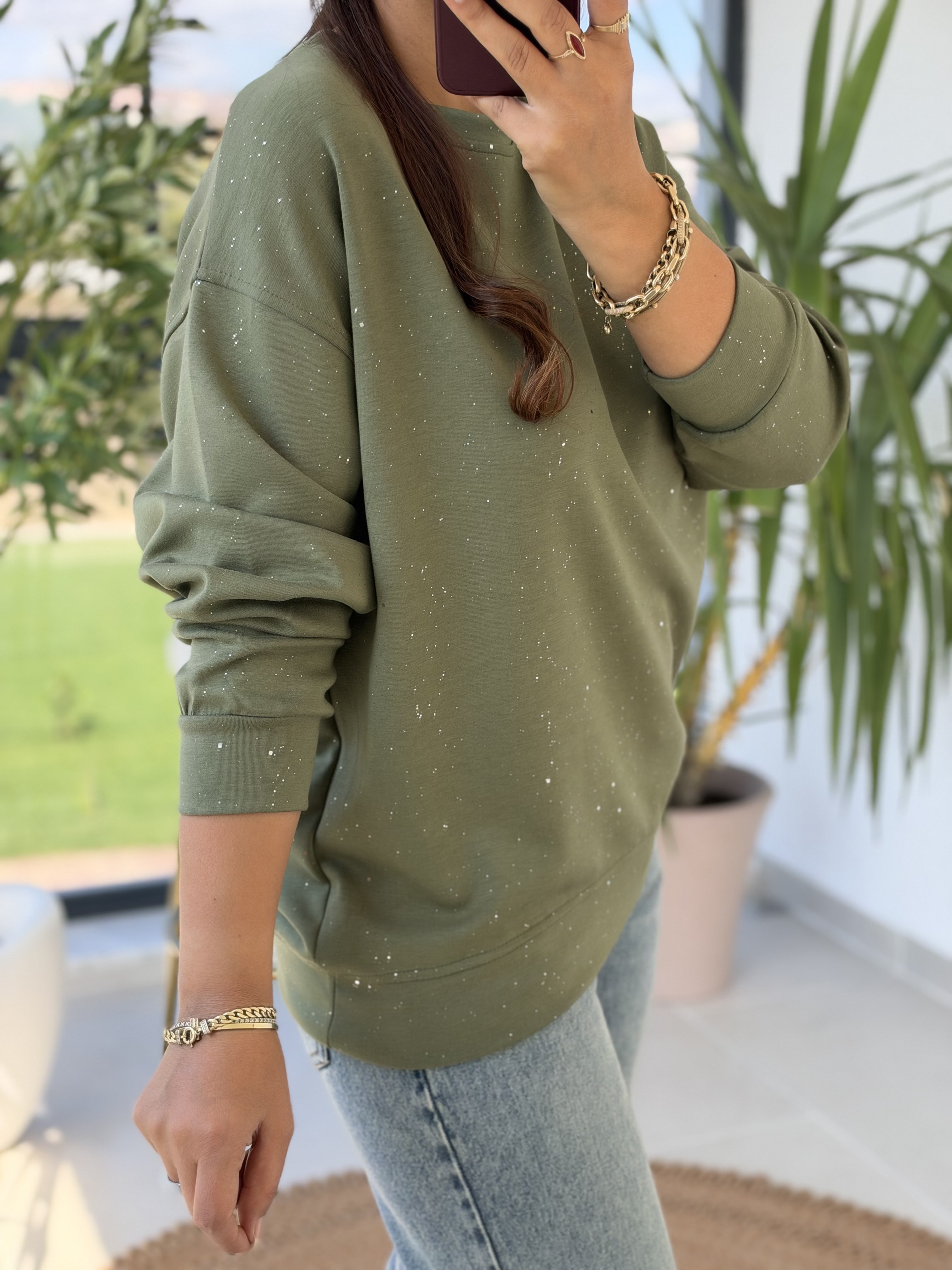 Simli Oysh Sweatshirt Haki Yeşili