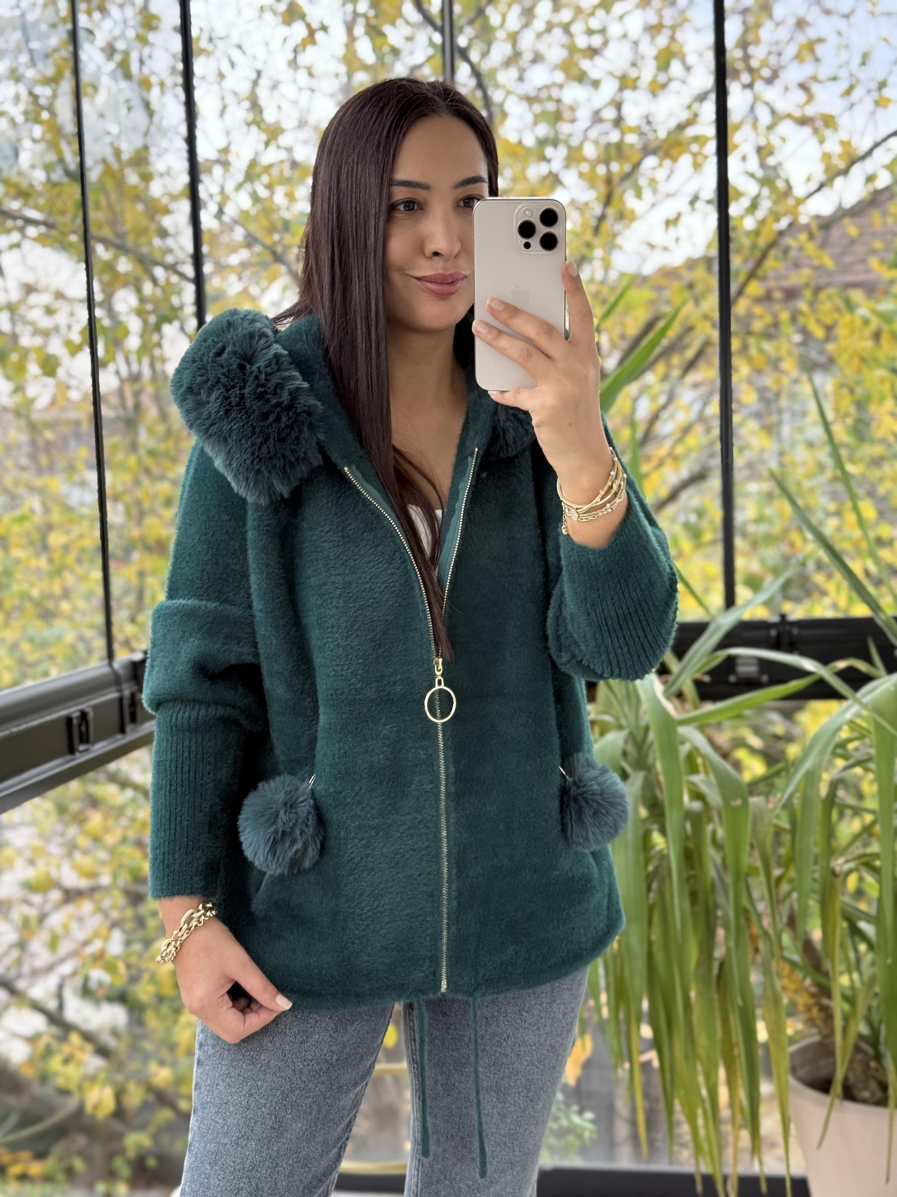 İthal Ponponlu Angora Hırka Zümrüt