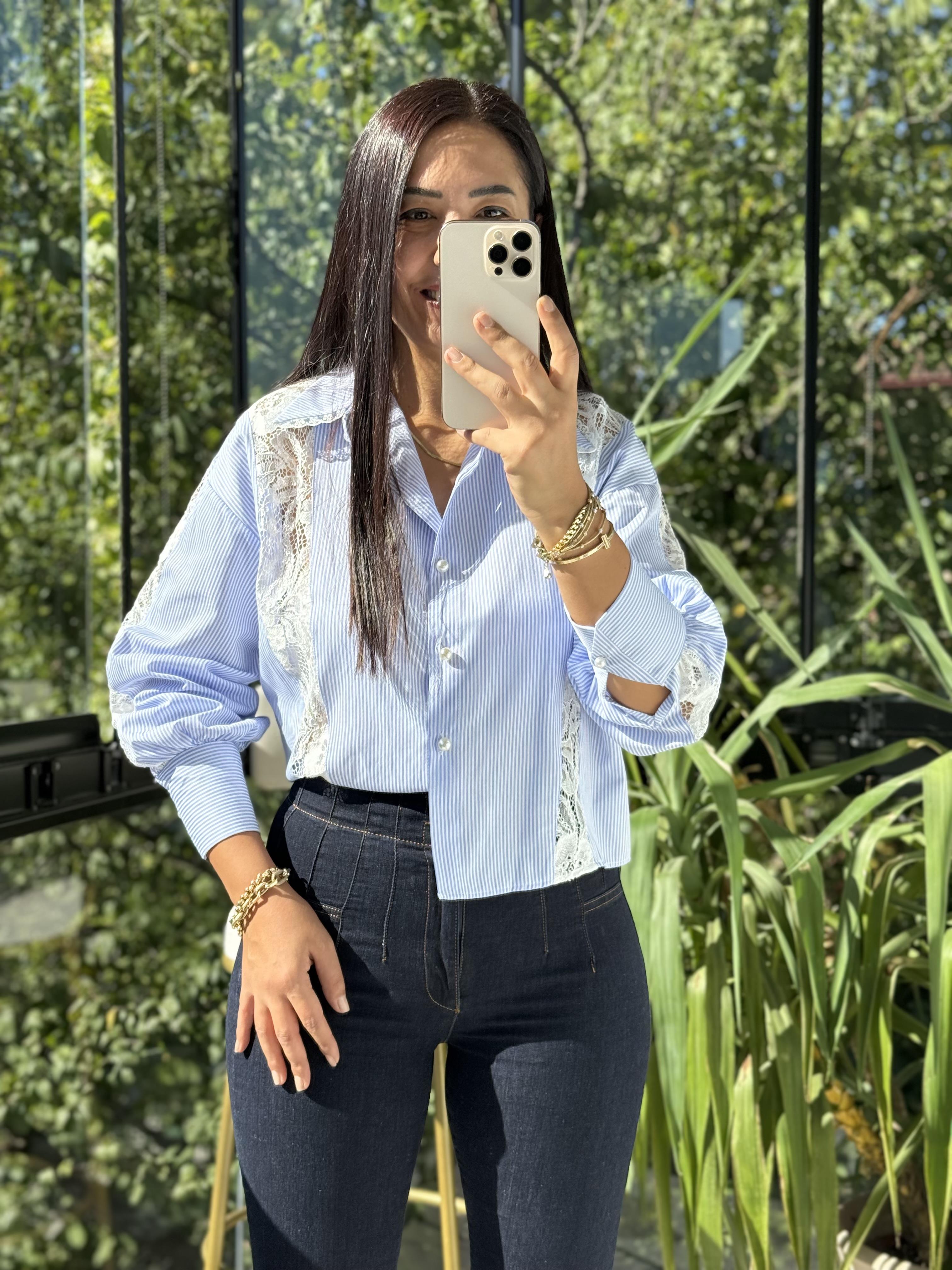 Güpür Mix İnci Düğmeli Gömlek Mavi