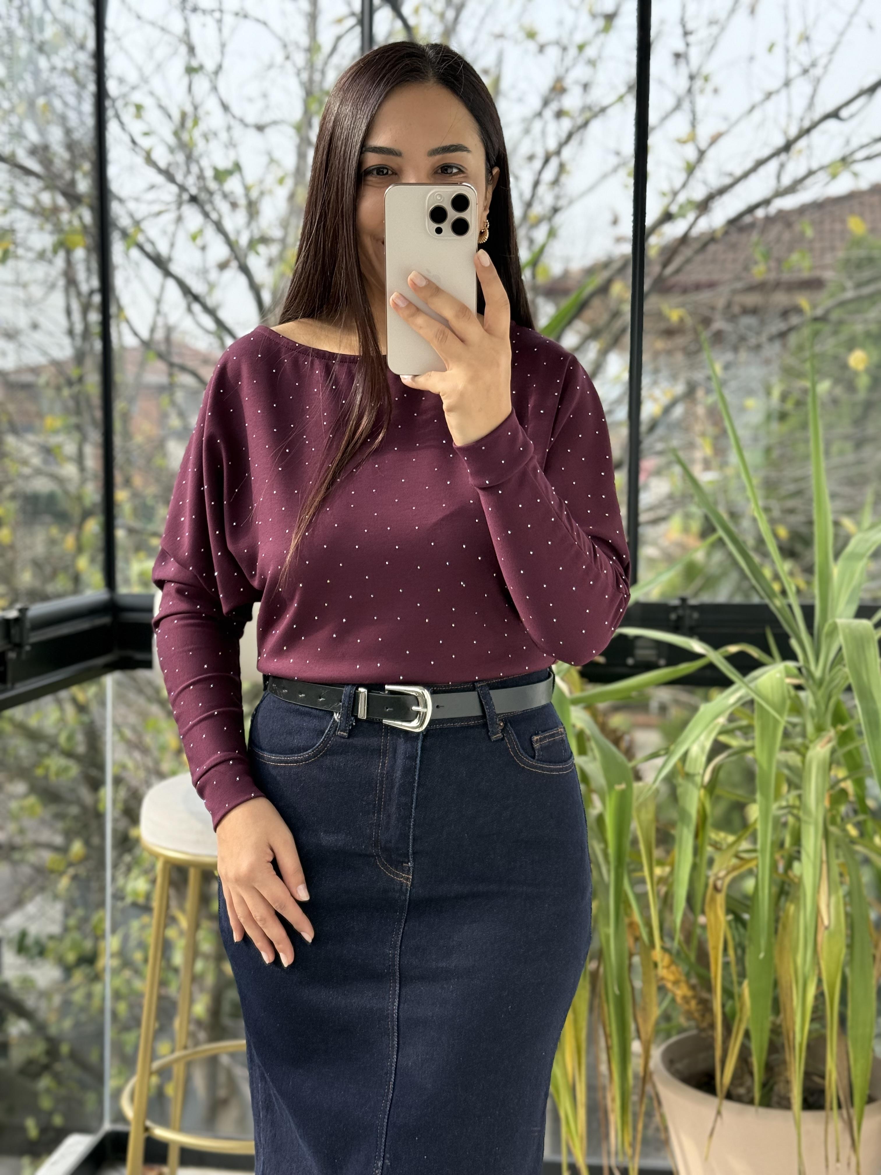 Full Taşlı Kayık Yaka Bluz Mürdüm