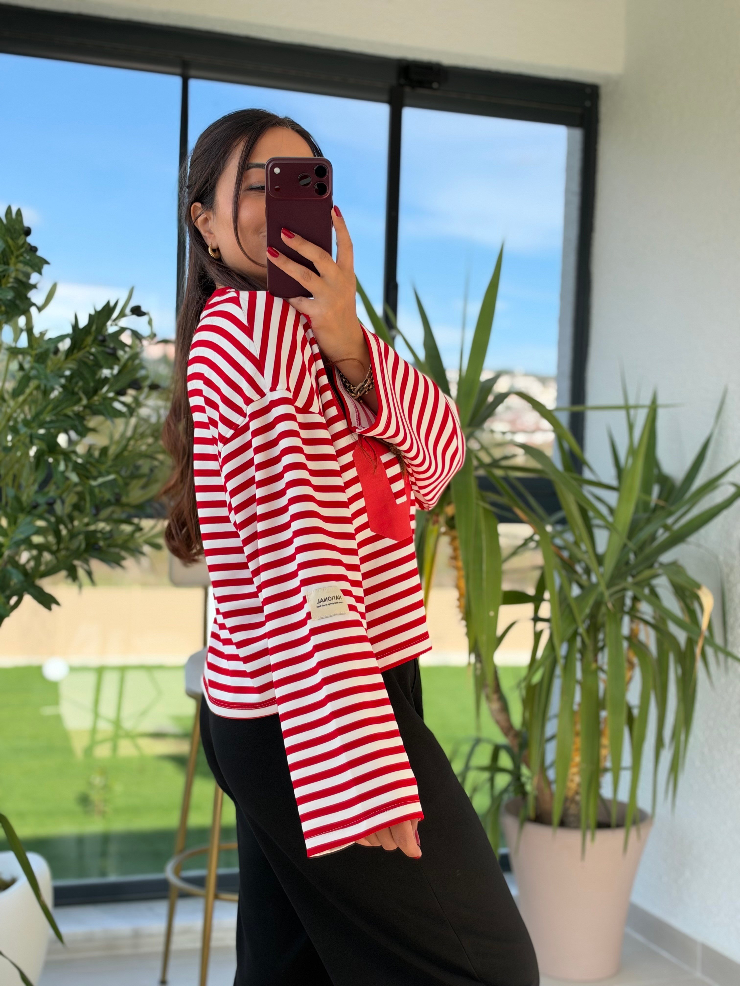 36 Baskılı Çizgili Basic Sweatshirt Kırmızı