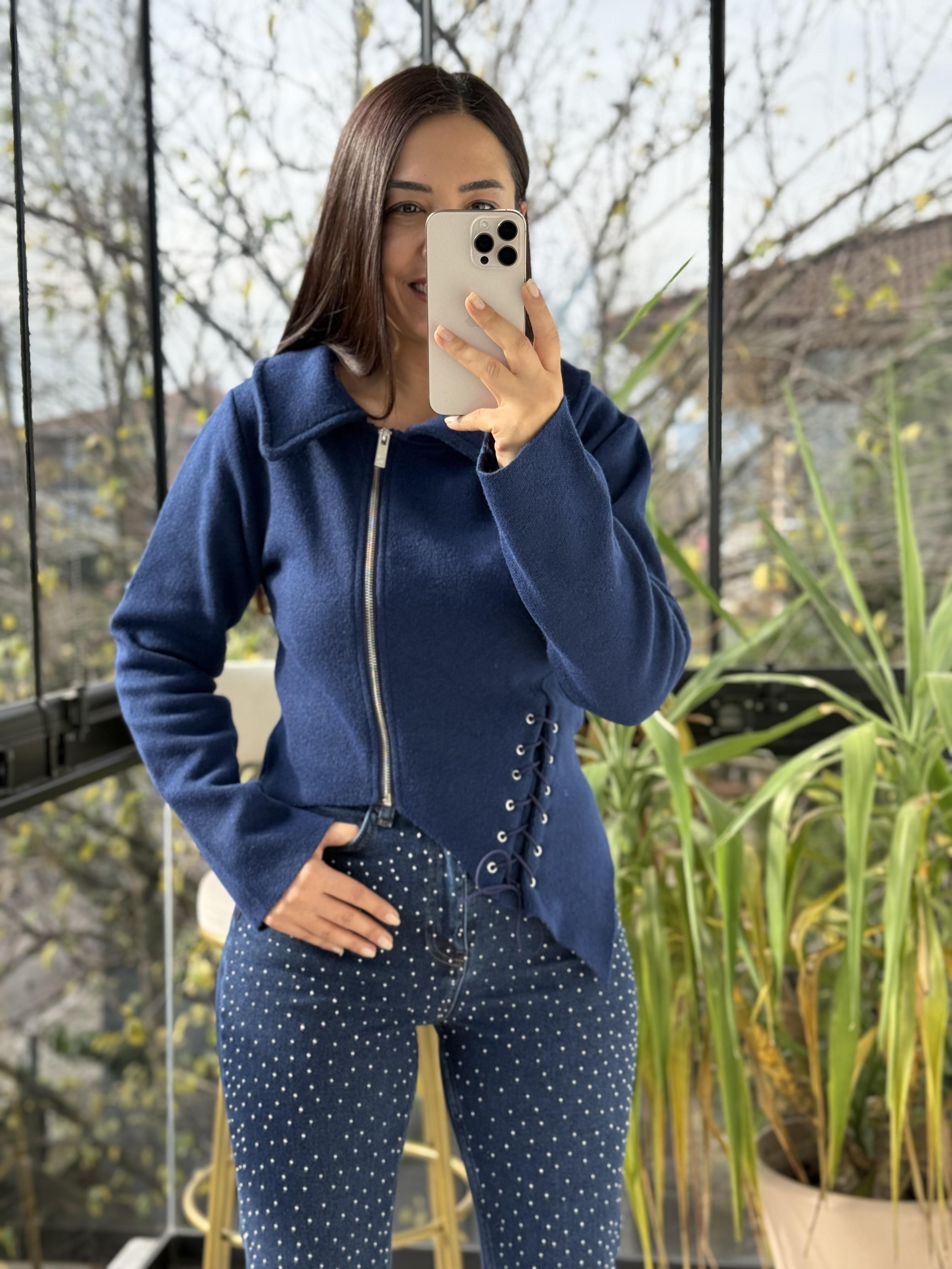 Bağcıklı Yan Yana Triko Ceket Lacivert