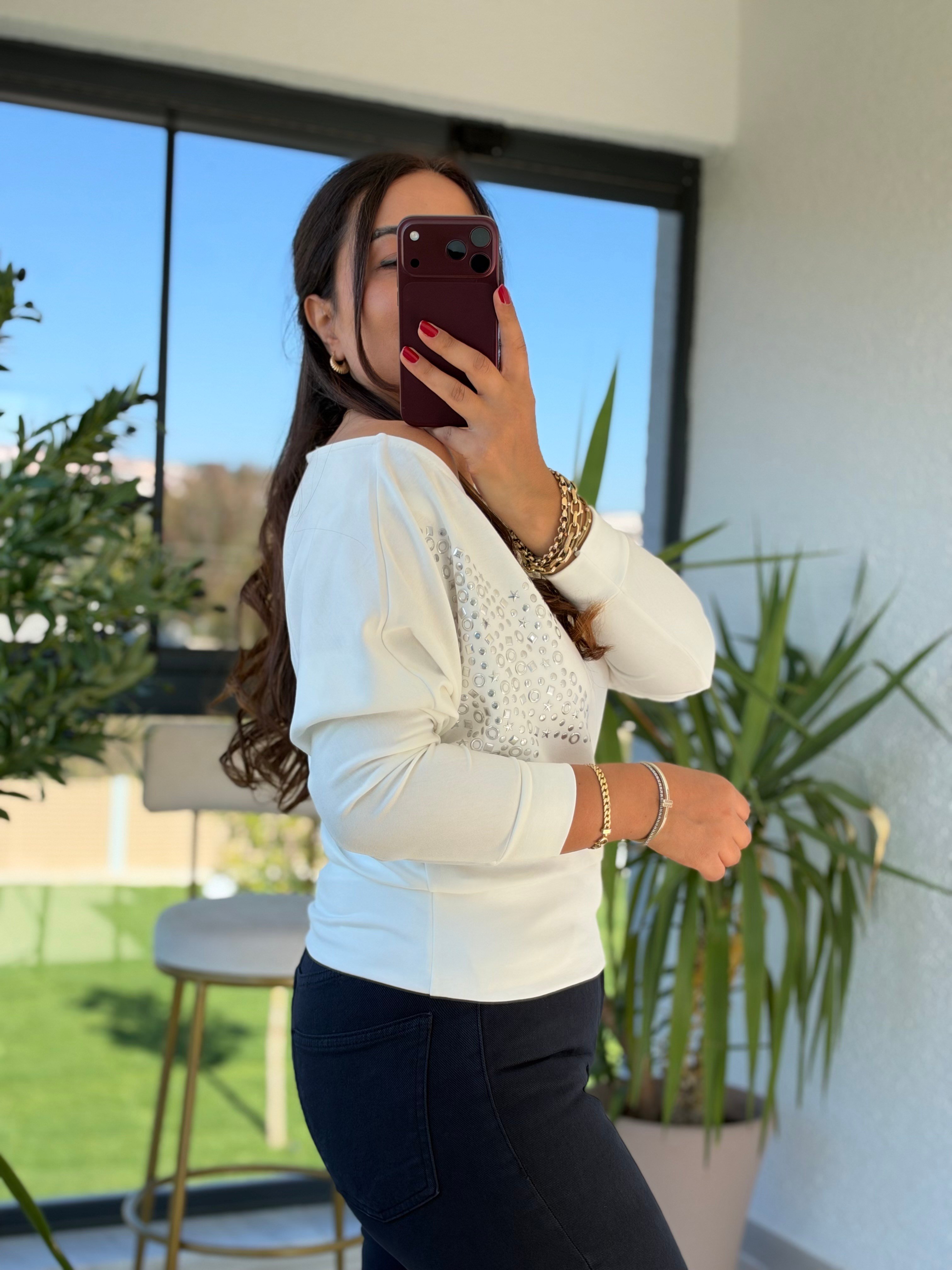 Yıldız Drop Açık Yaka Bluz Beyaz