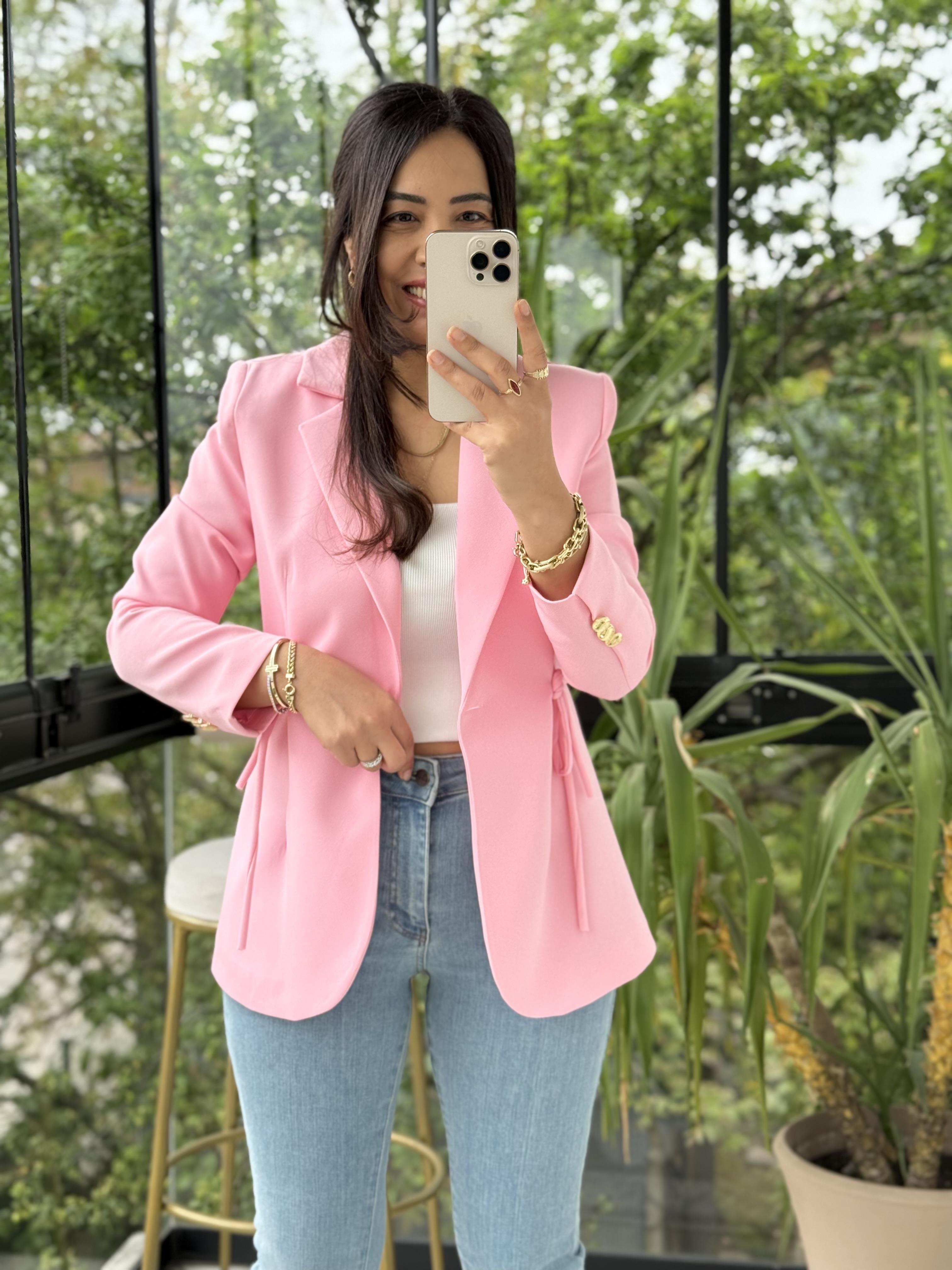 Yanı Bağcıklı Slim Blazer Ceket Pembe