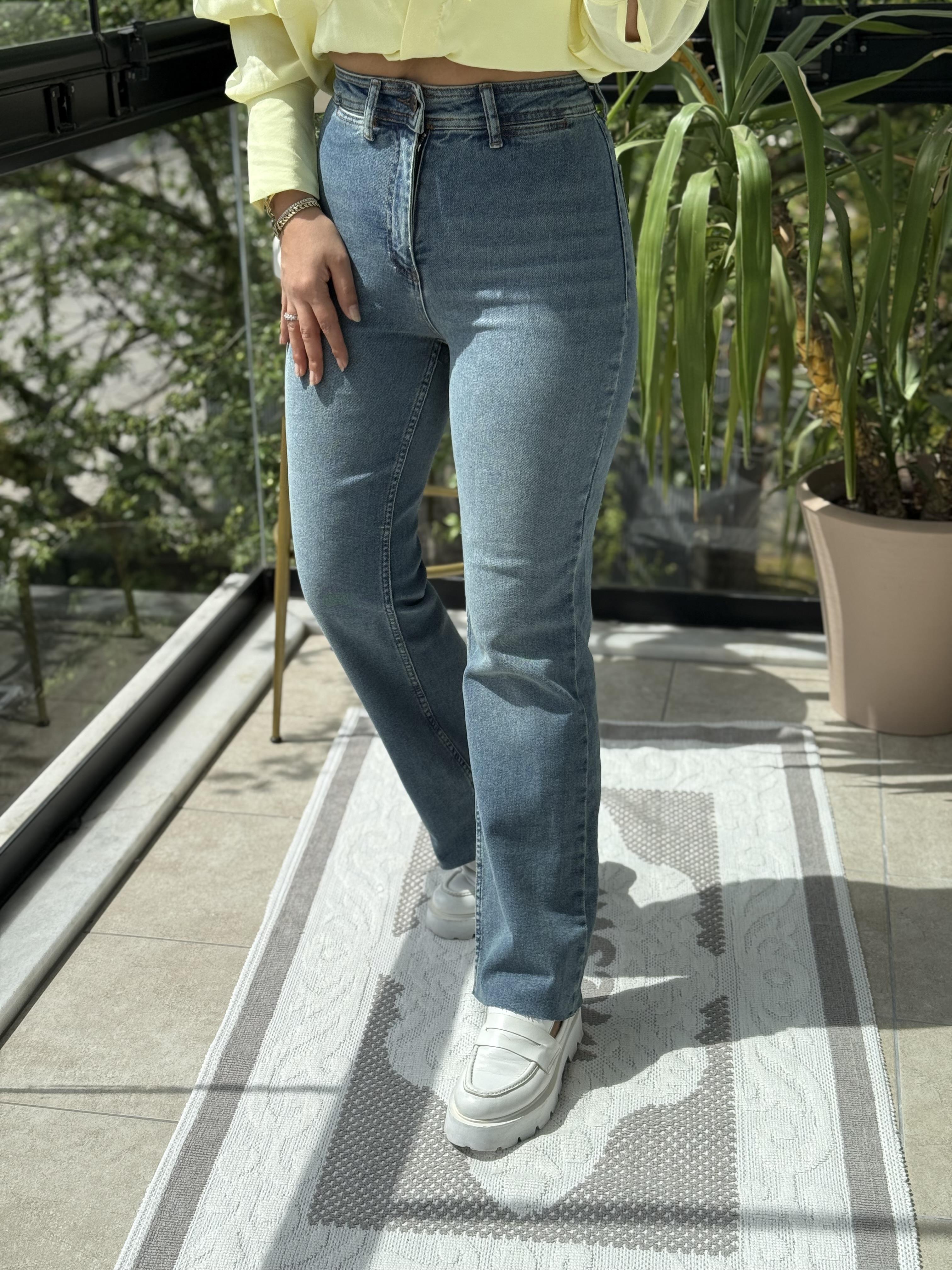 Dekoratif Cep Detaylı Palazzo Kot Pantolon Mavi Yıkama