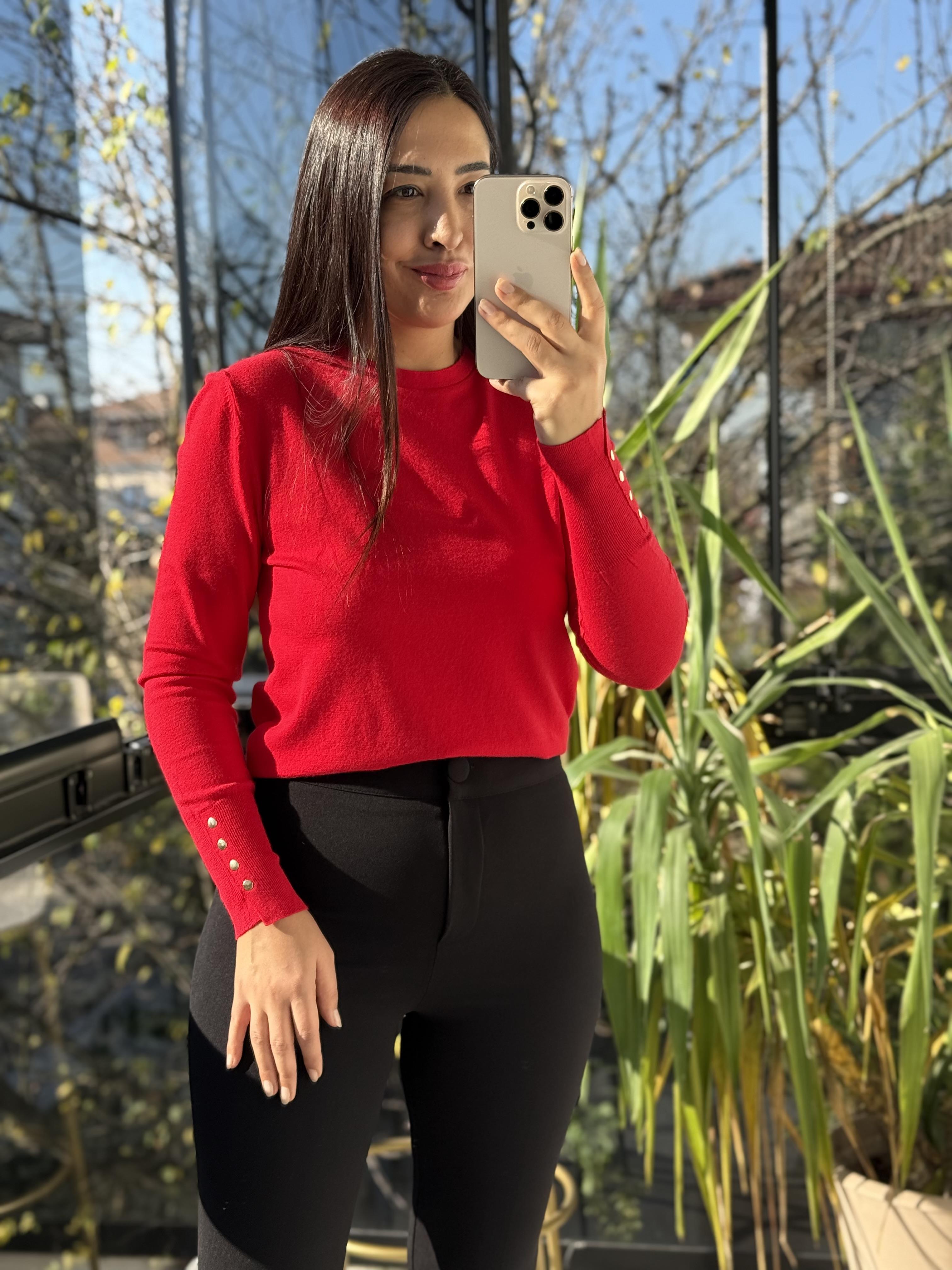 Kol Uçları Droplu Triko Kırmızı