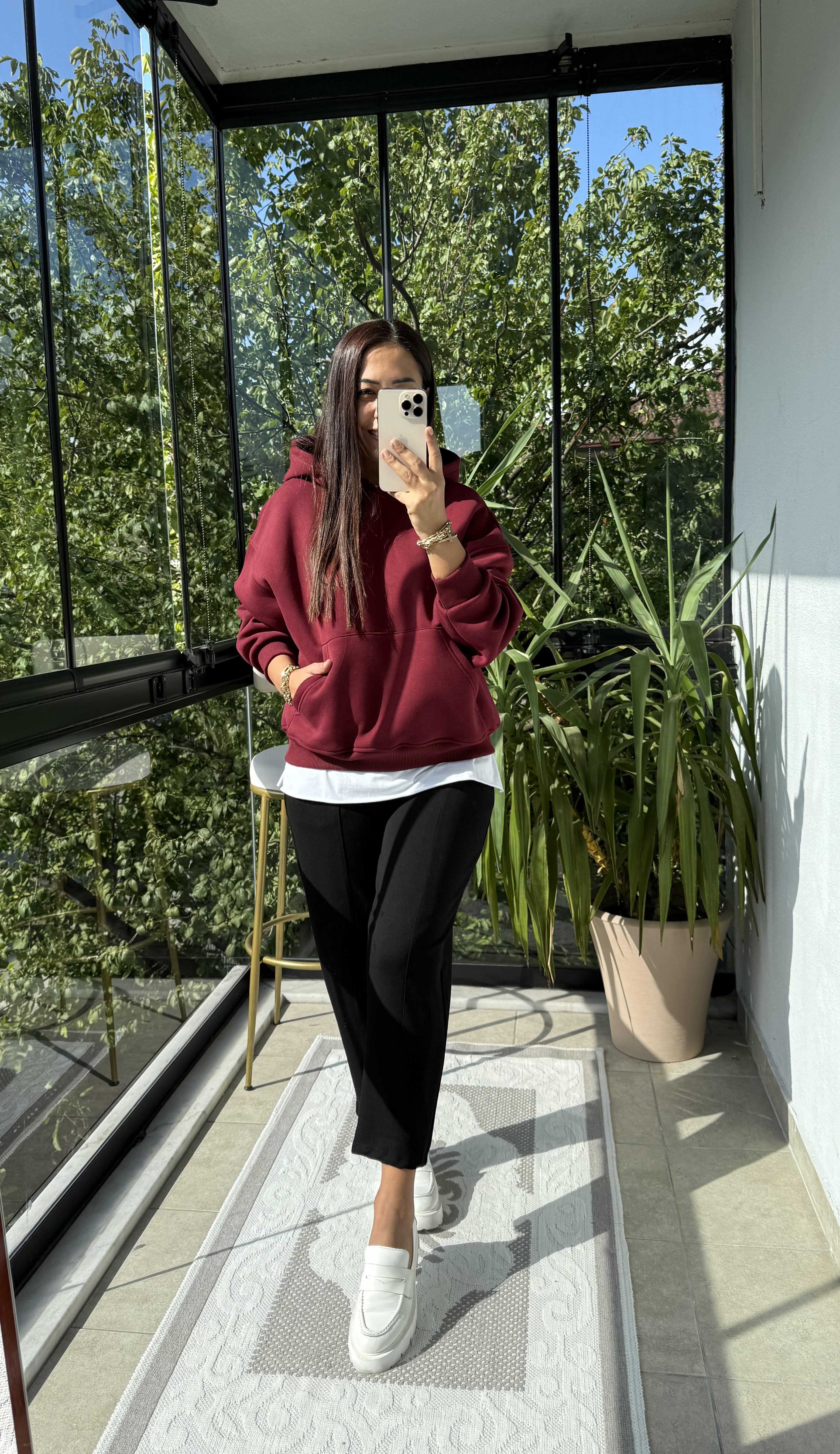 Kanguru Cep Kapşonlu Sweatshirt Bordo