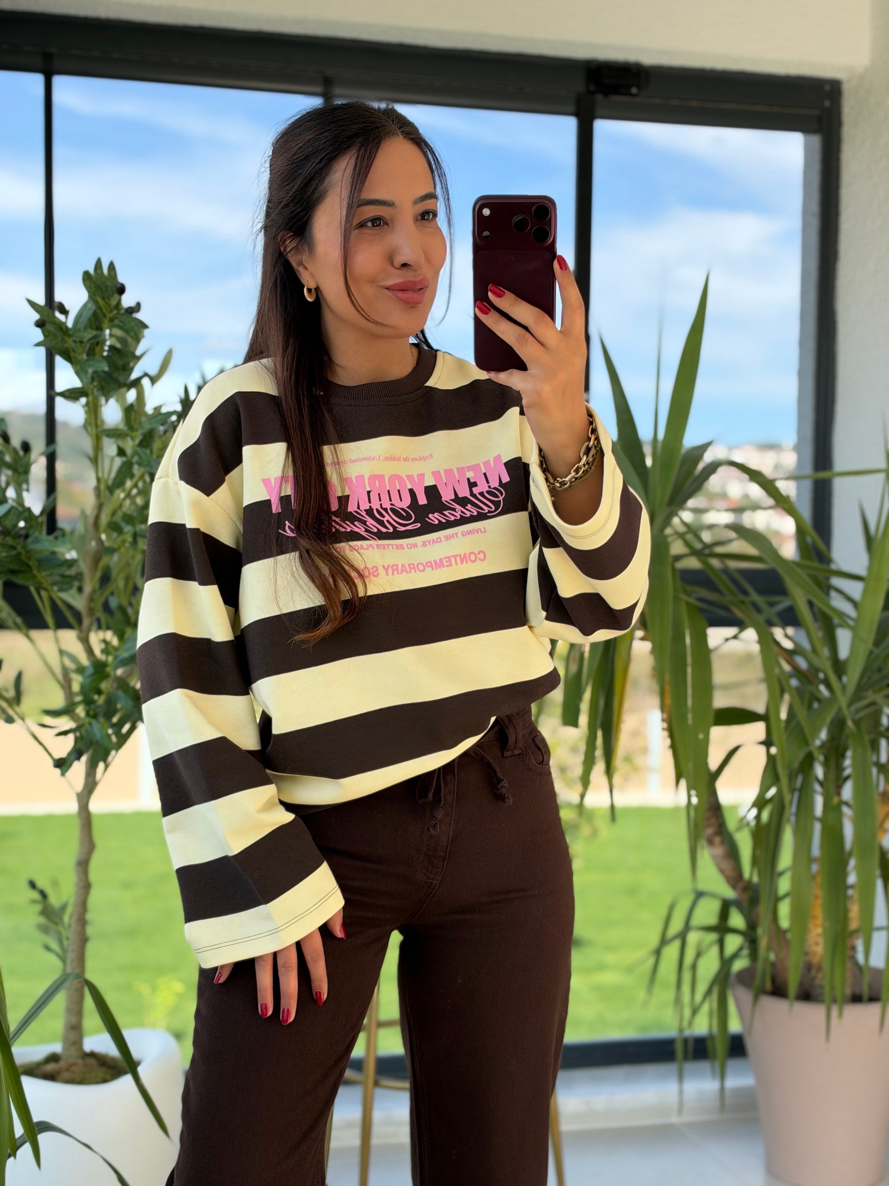 Kalın Çizgili New York Ctiy Sweatshirt Sarı