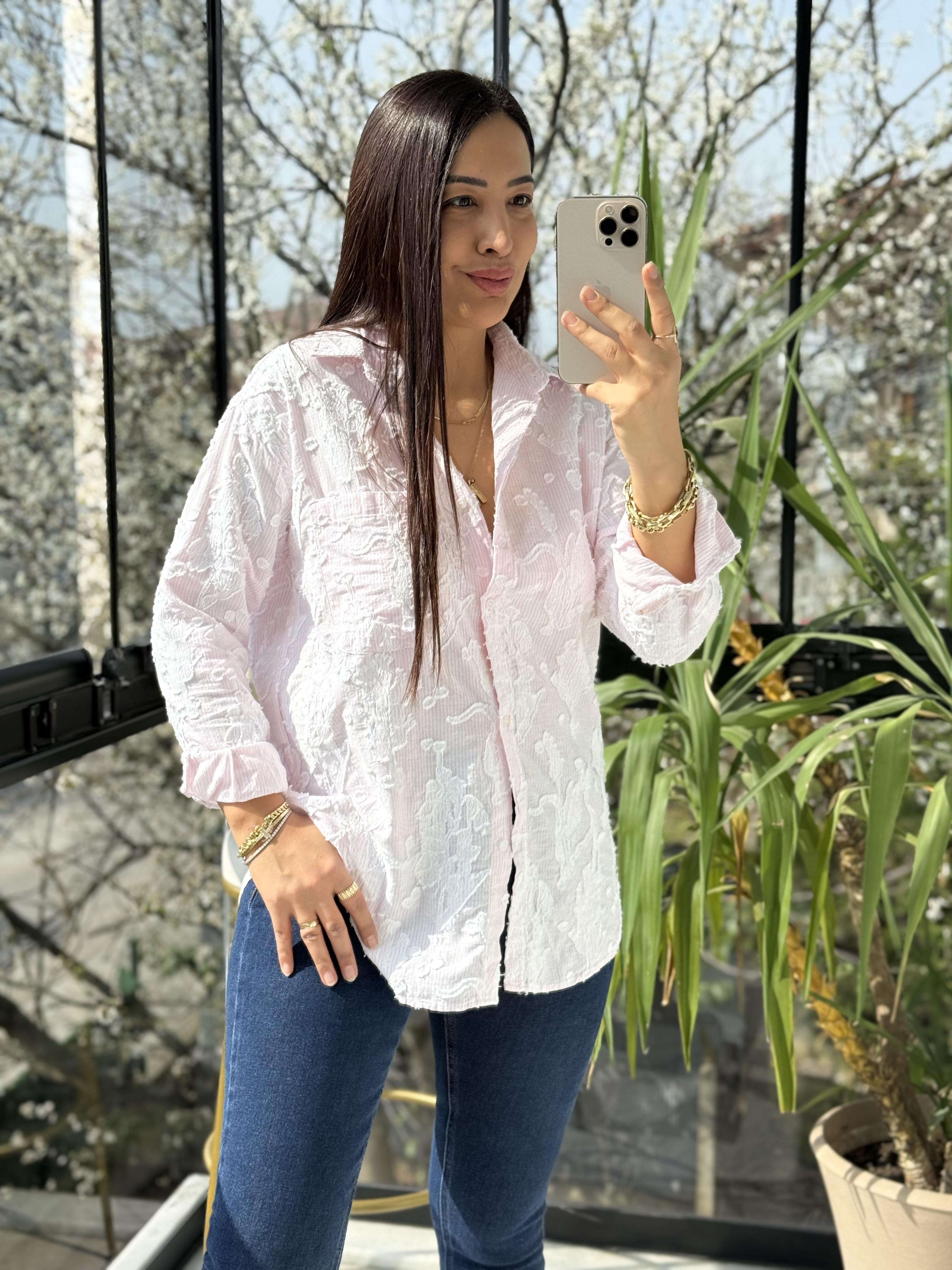 Kabartmalı Çizgili Pamuklu Gömlek Pembe