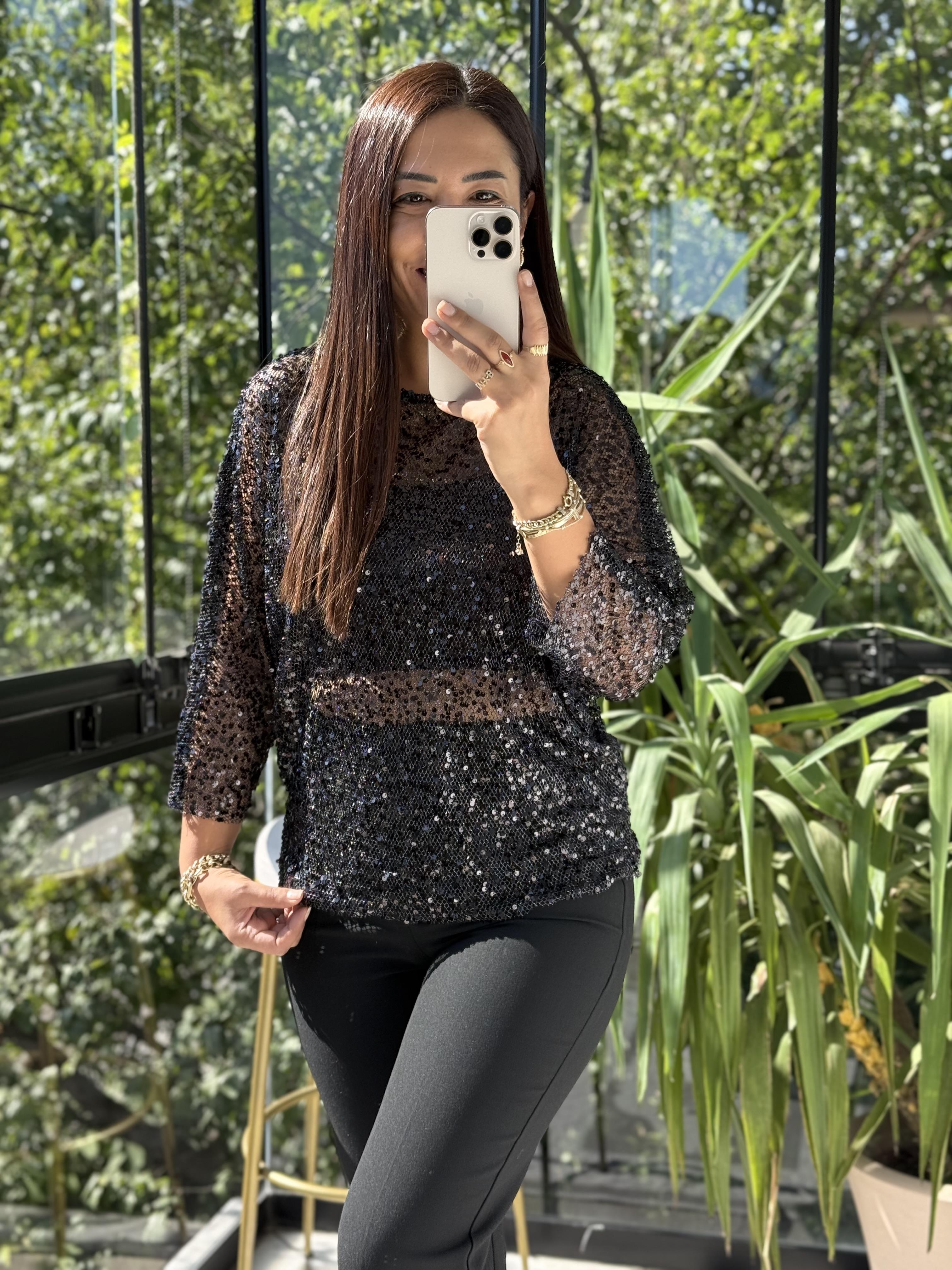 Payetli Transparan Bluz Siyah