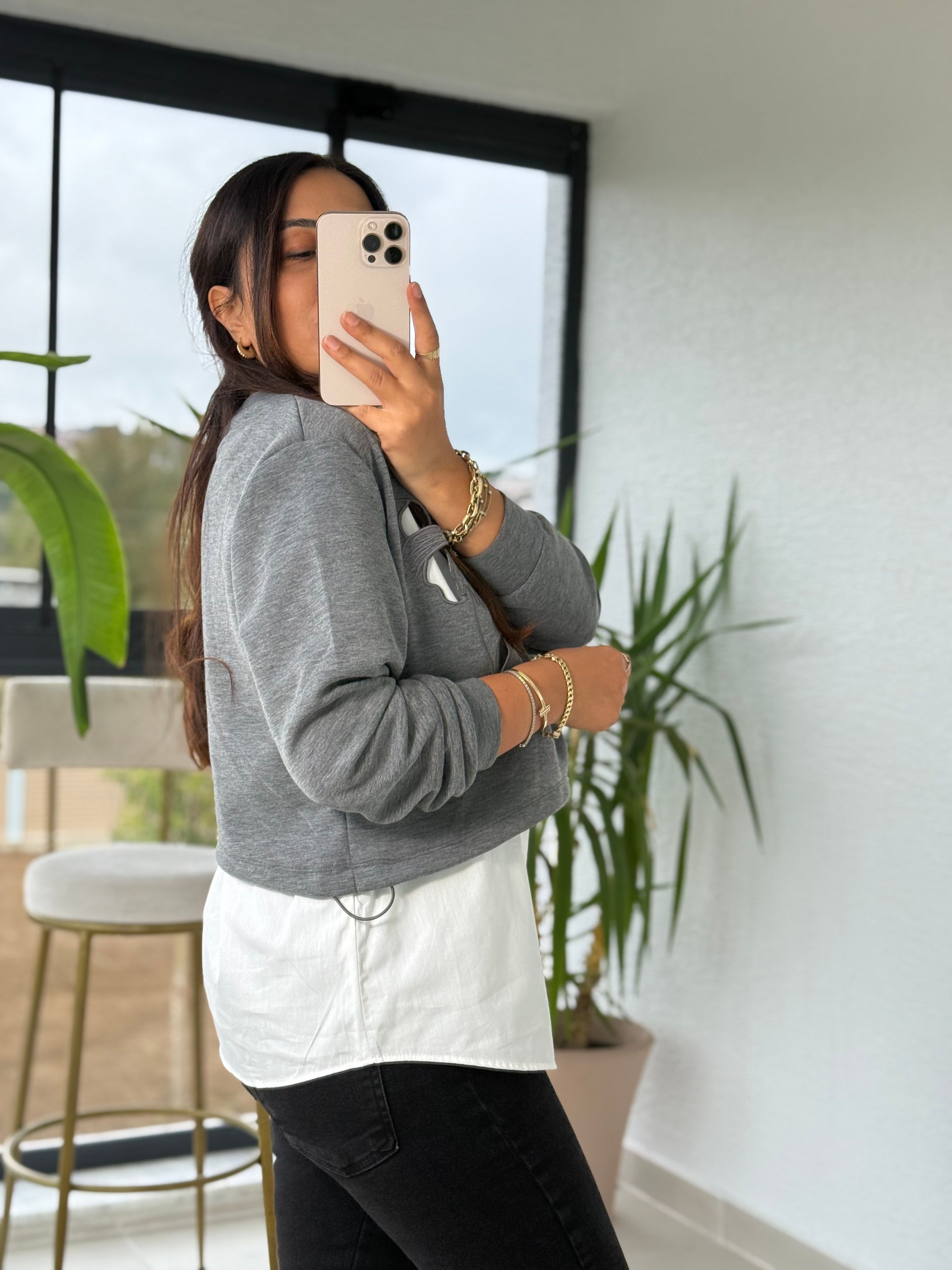 Nakışlı Gömlekli Sweatshirt Gri