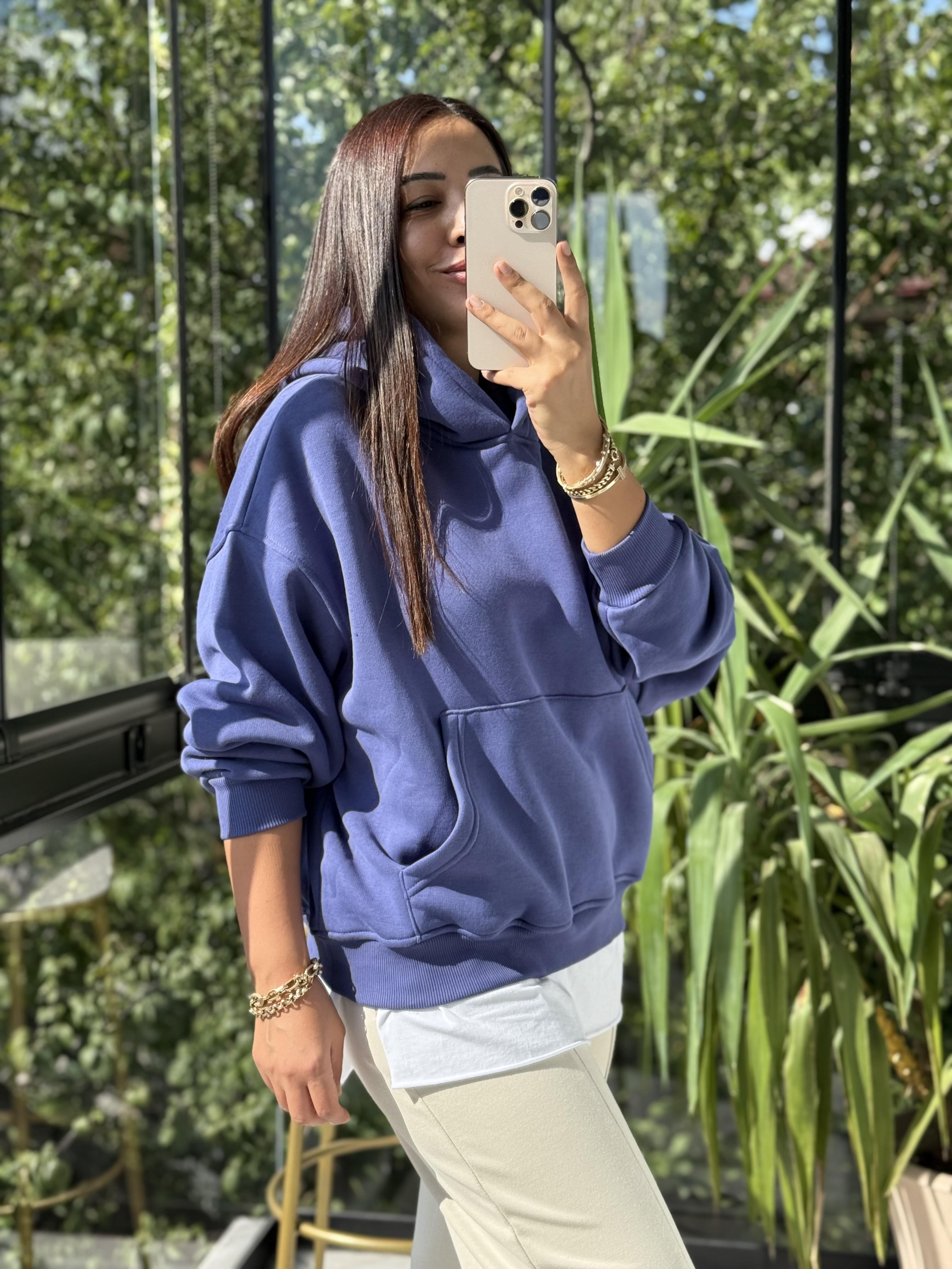 Kanguru Cep Kapşonlu Sweatshirt Mavi