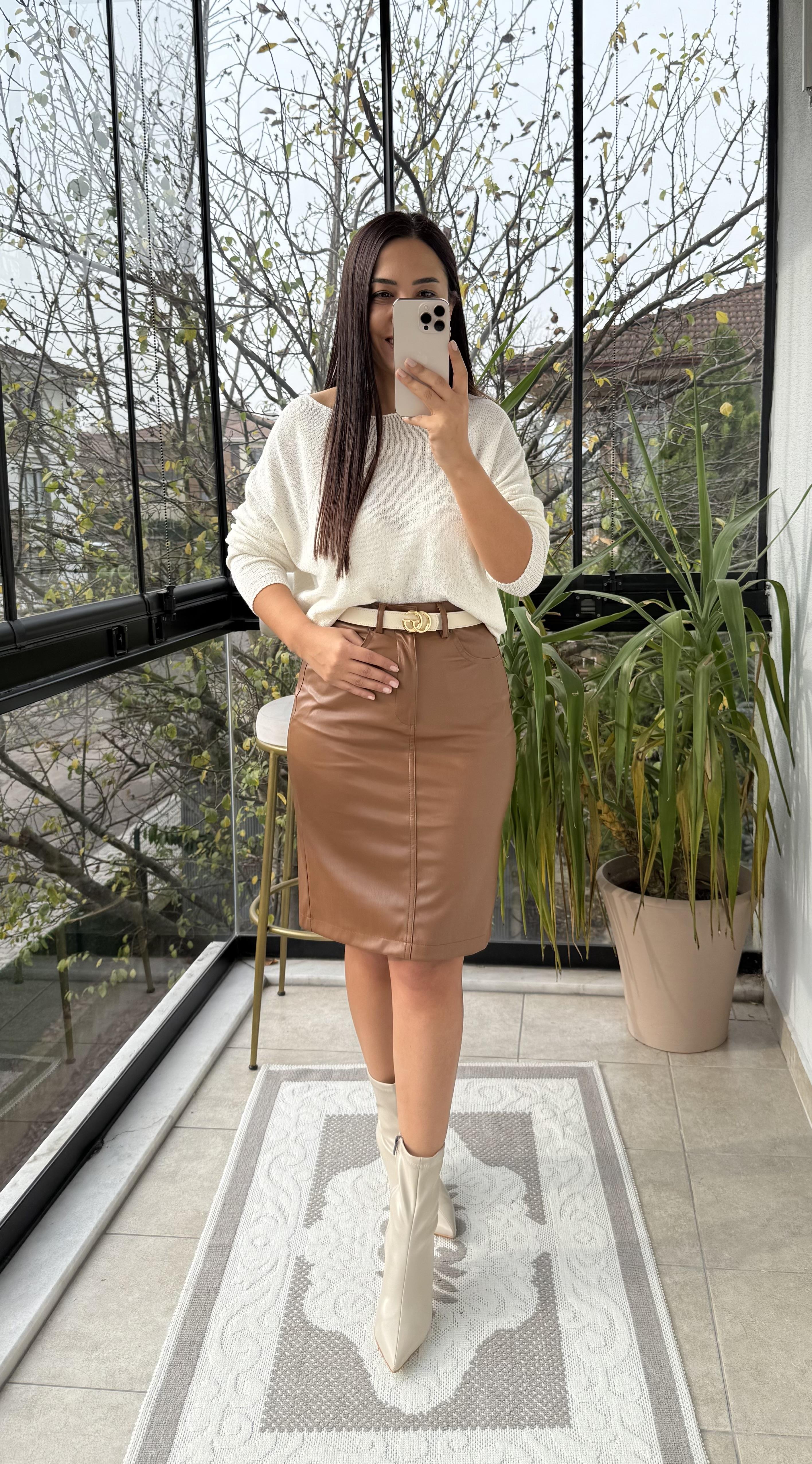 Orta Boy Deri Etek Kahve