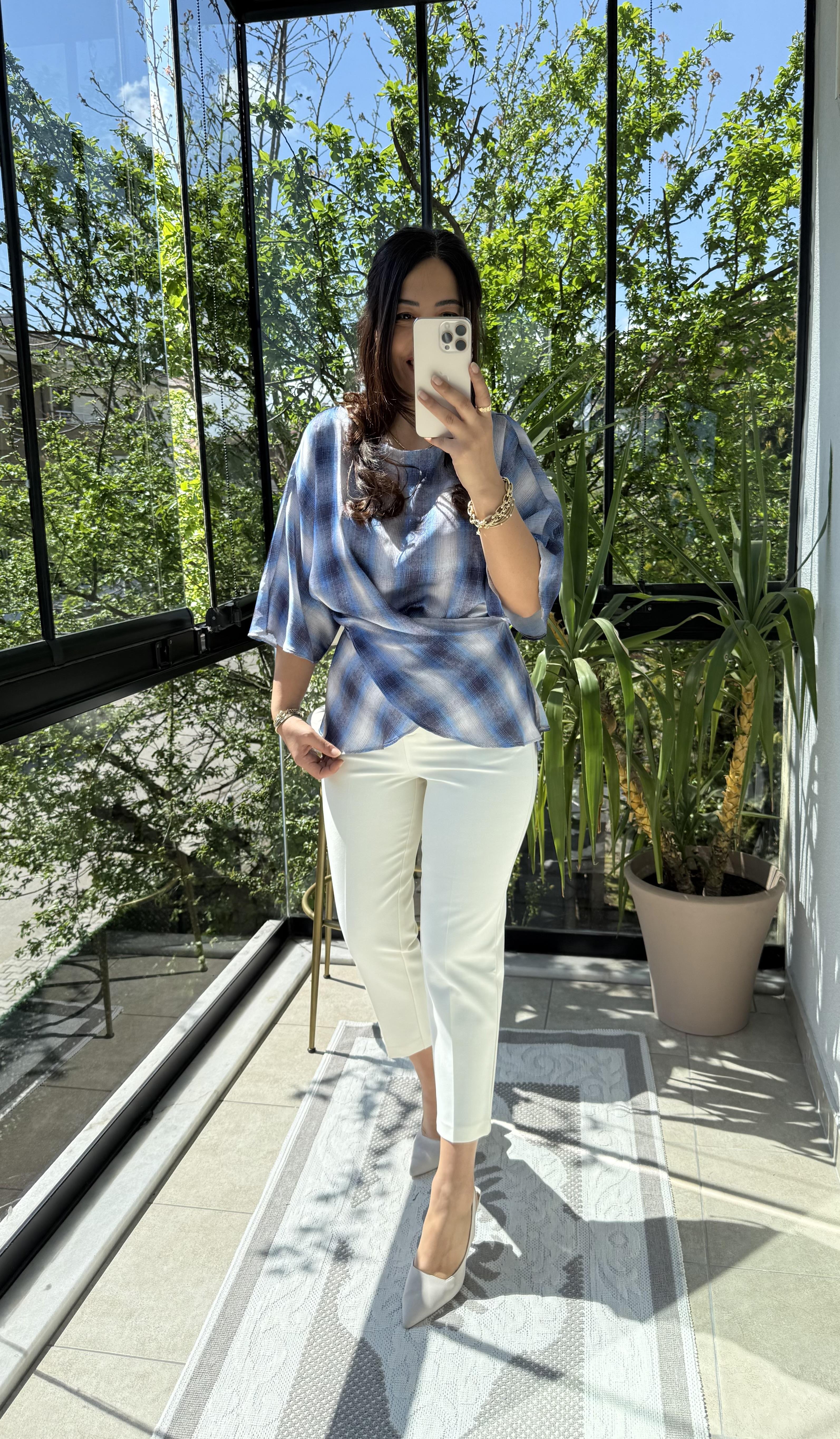 Bağcıklı Ekose Saten Bluz Mavi