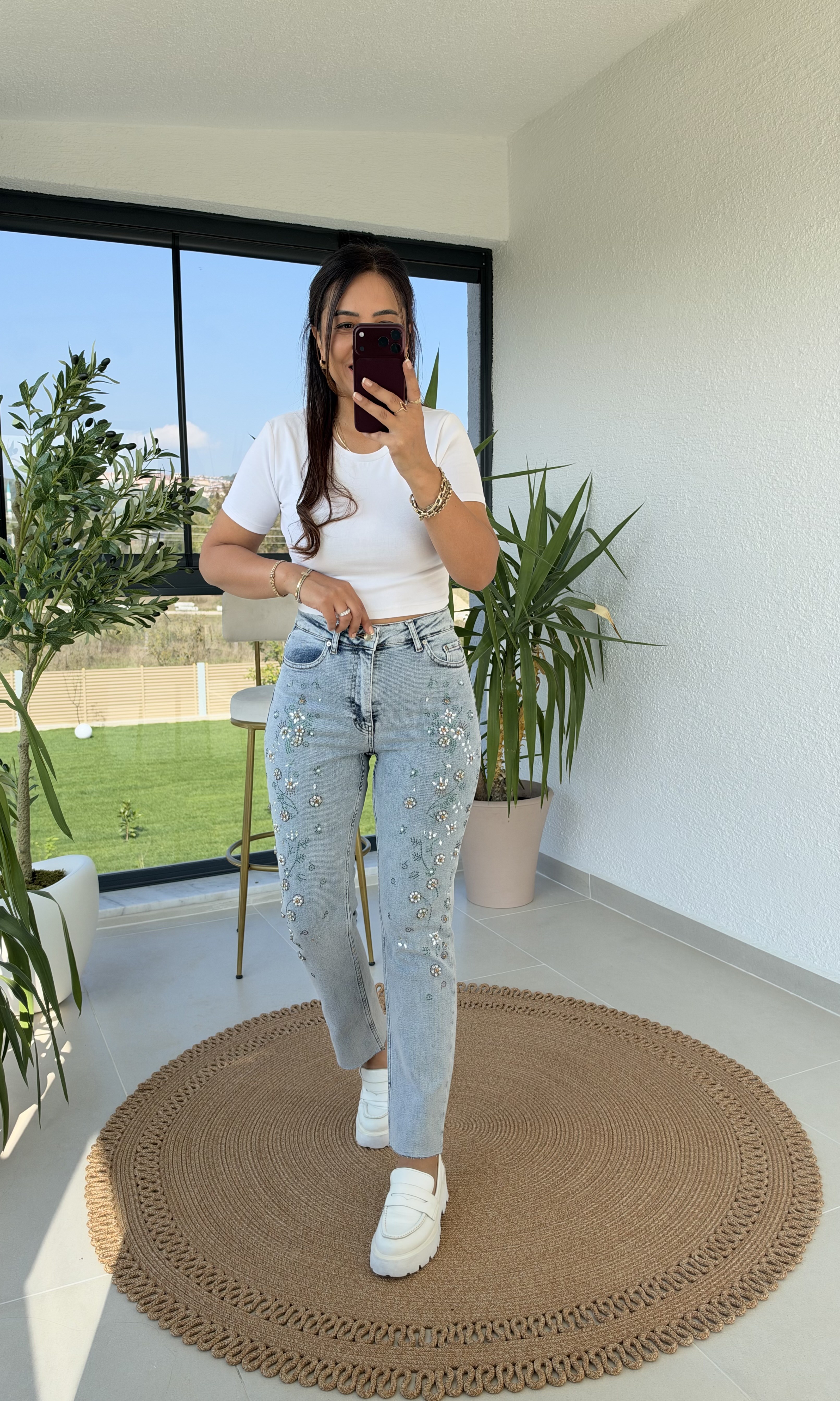 Floral Taşlı Mom Fit kot Pantolon Kar Yıkama