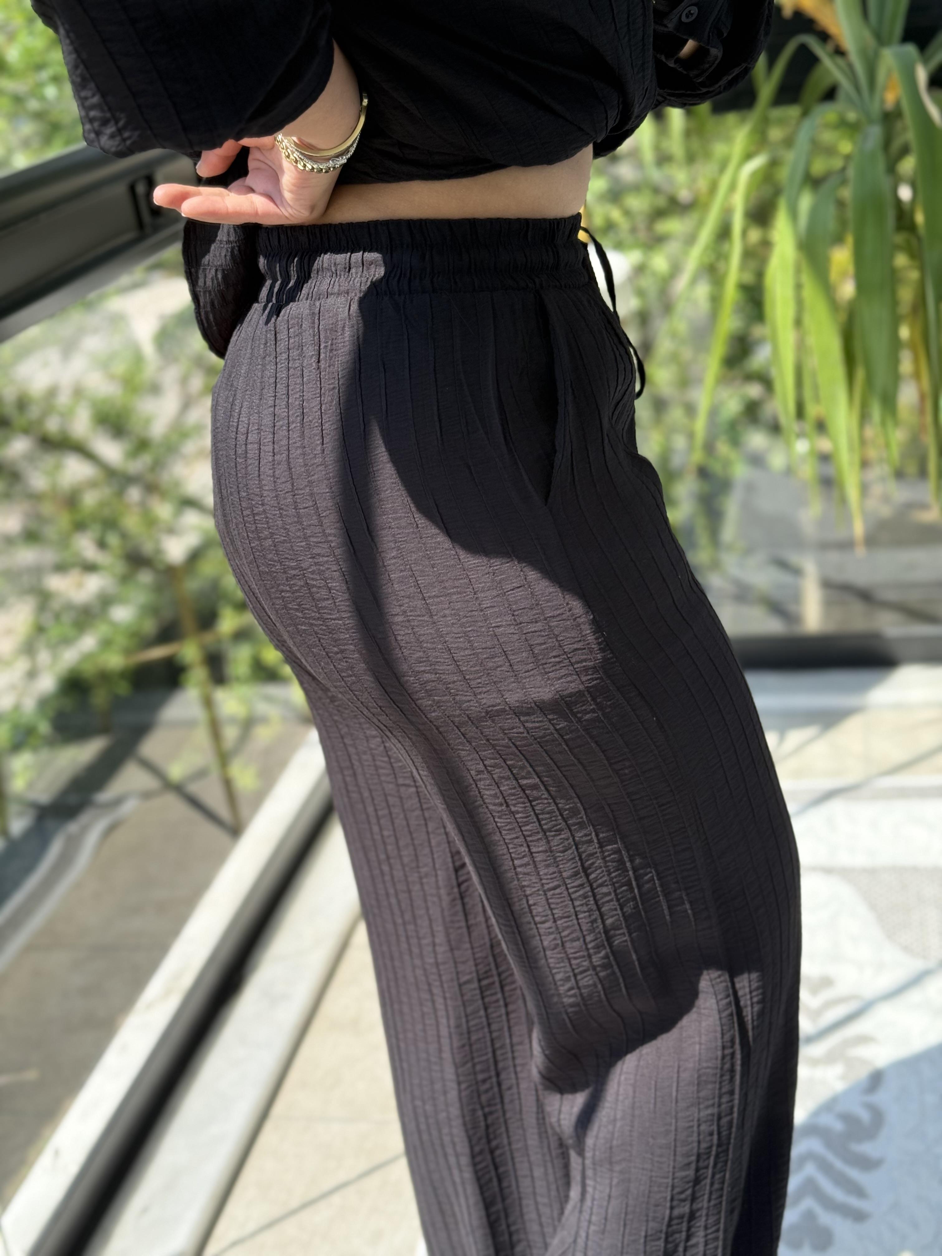 Dikiş Detaylı Palazzo Kumaş Pantolon Siyah