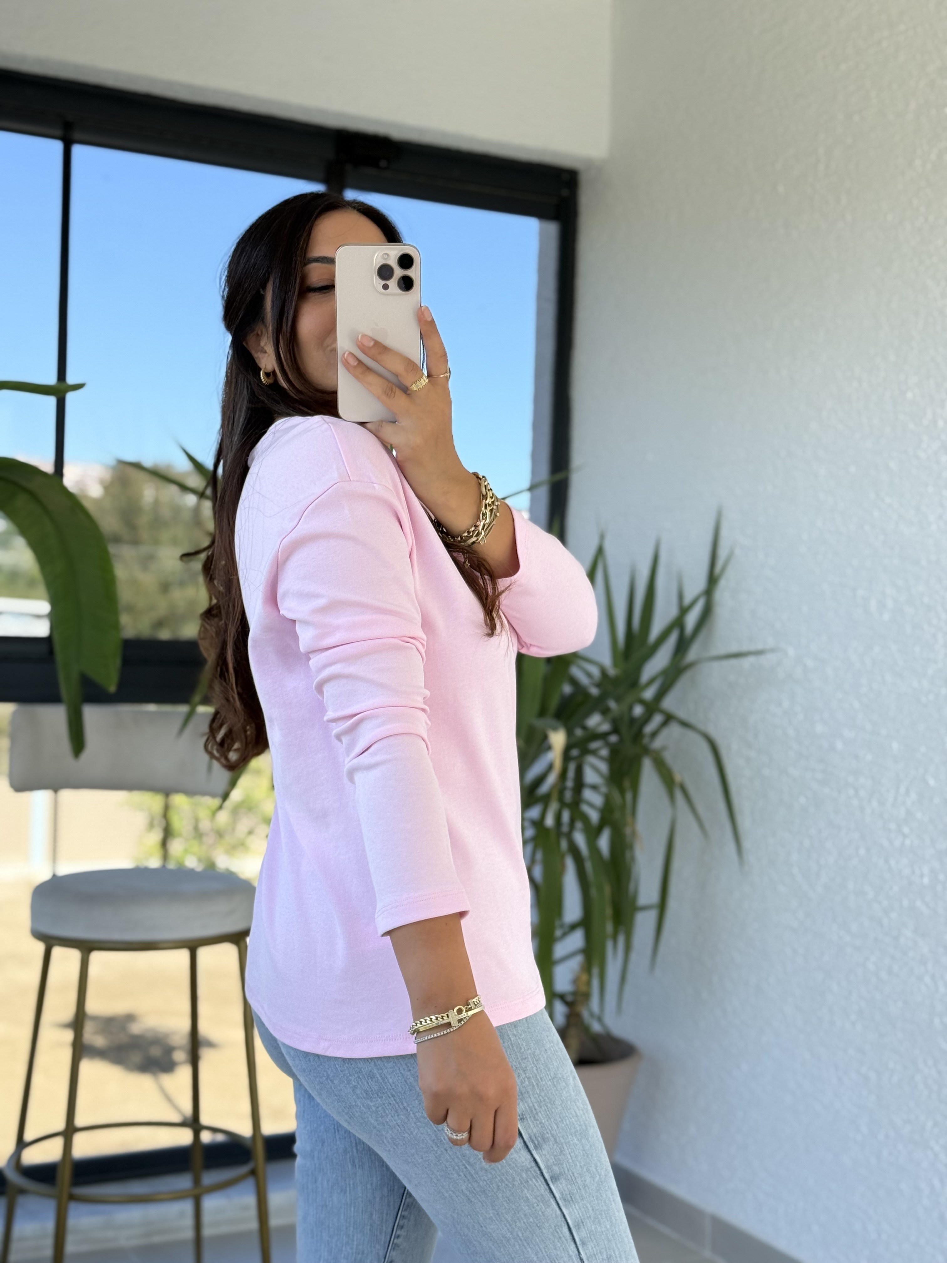 Yakası Biyeli Sweat Bluz Pembe