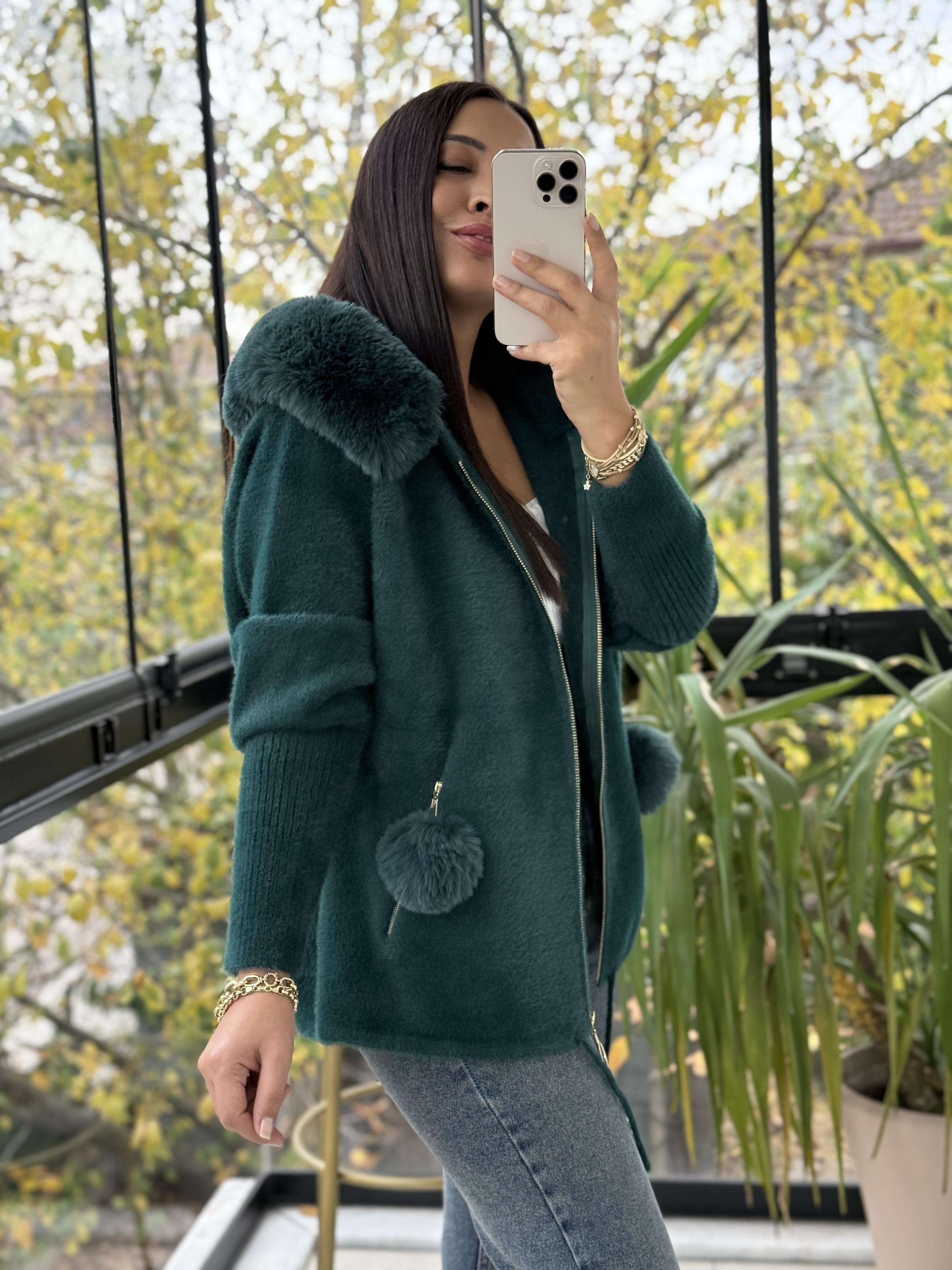 İthal Ponponlu Angora Hırka Zümrüt