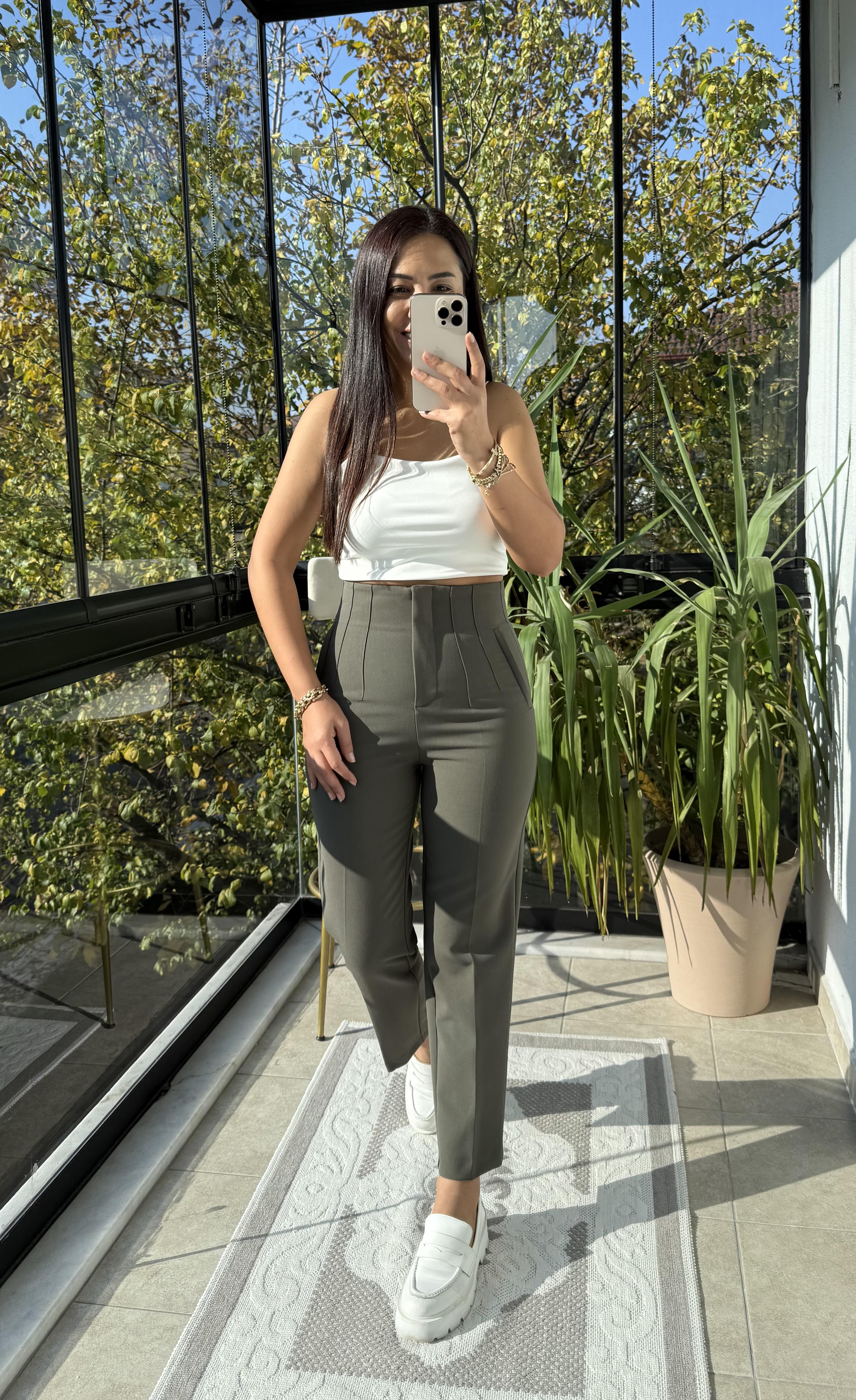 Düğmesiz Zra Model Kumaş Pantolon Haki Yeşili