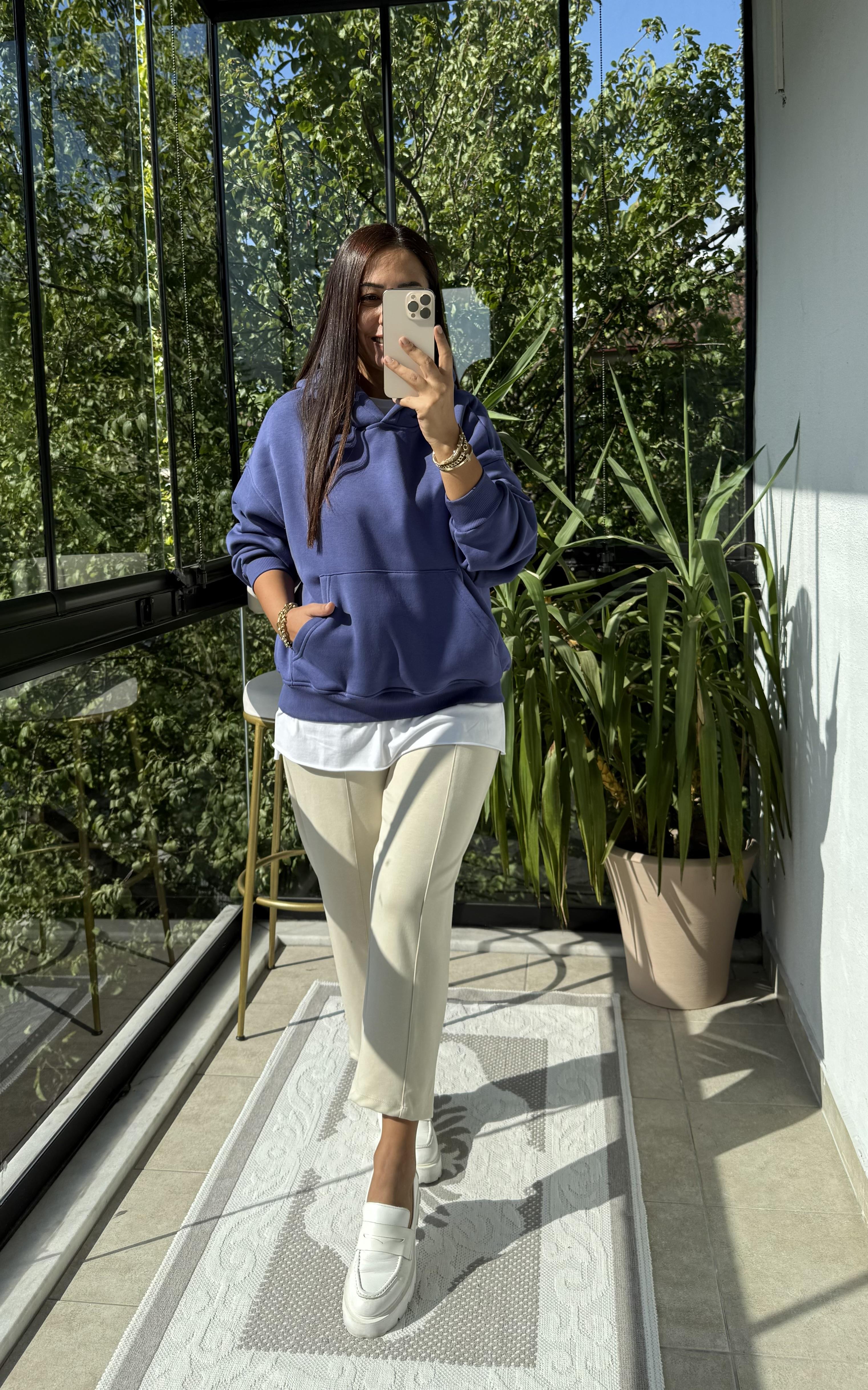 Kanguru Cep Kapşonlu Sweatshirt Mavi