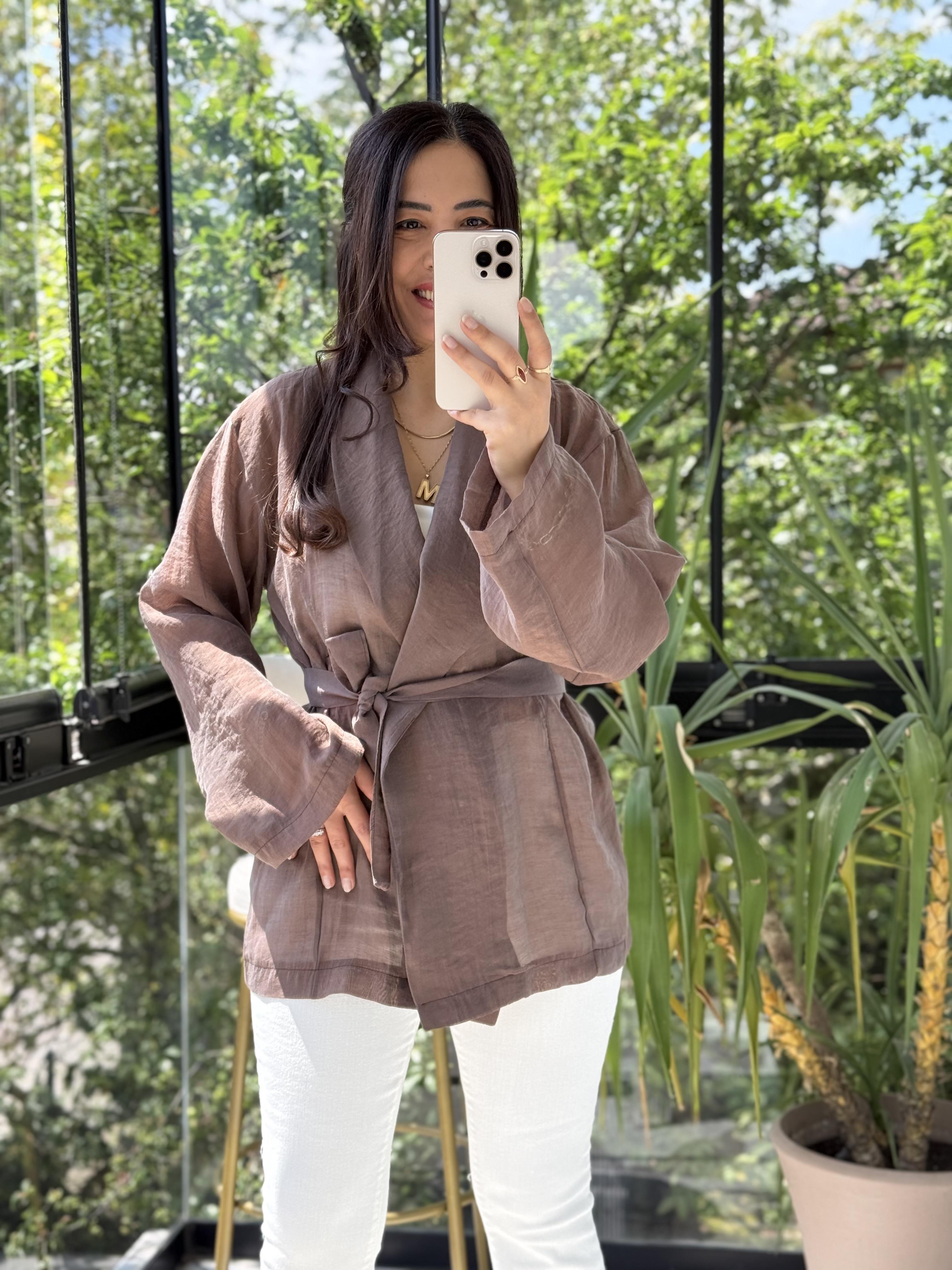 Kruvaze Yaka Bağlamalı Kimono Kahve