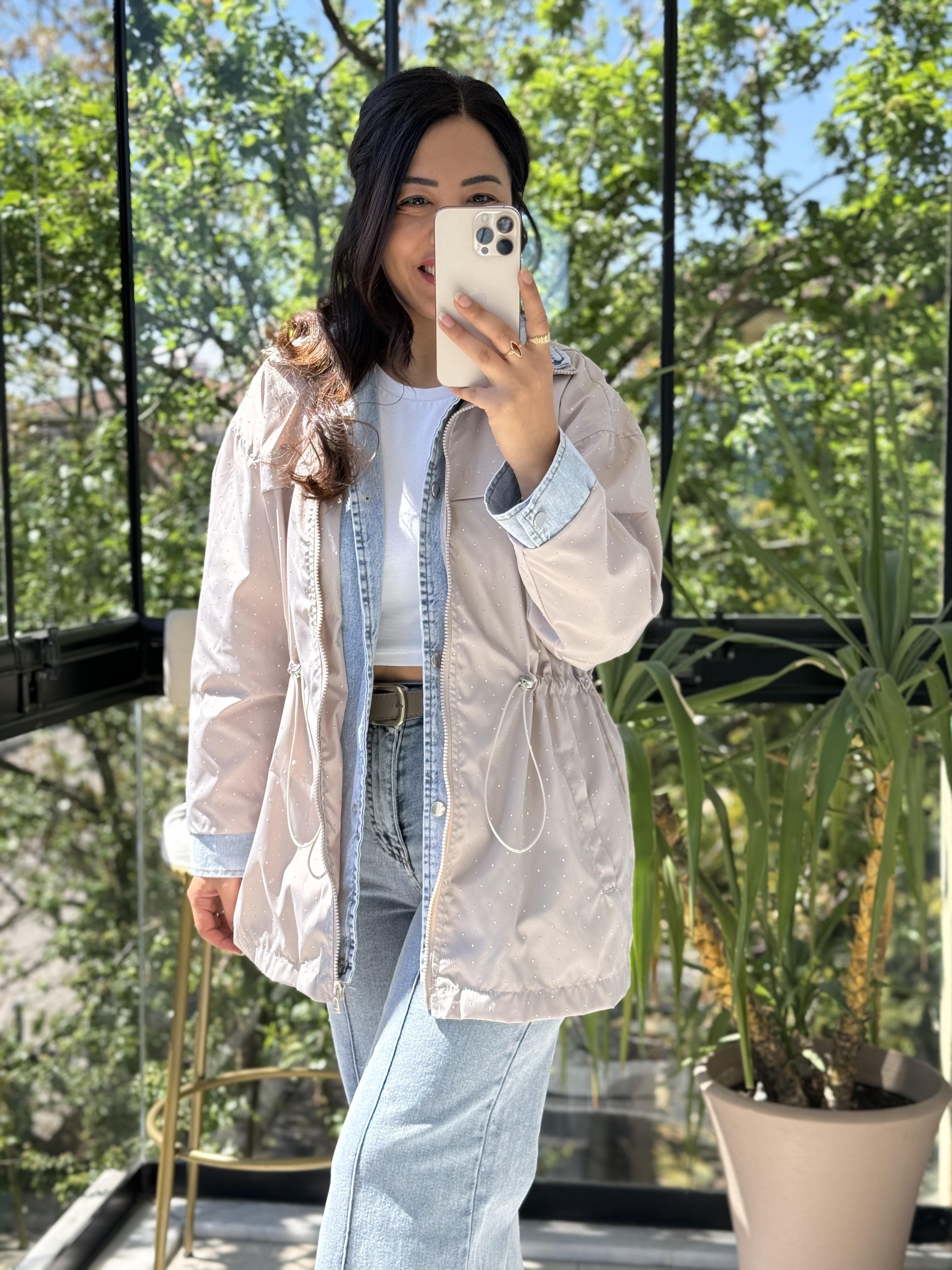 Glitiery Denim Mix Ceket Açık Bej