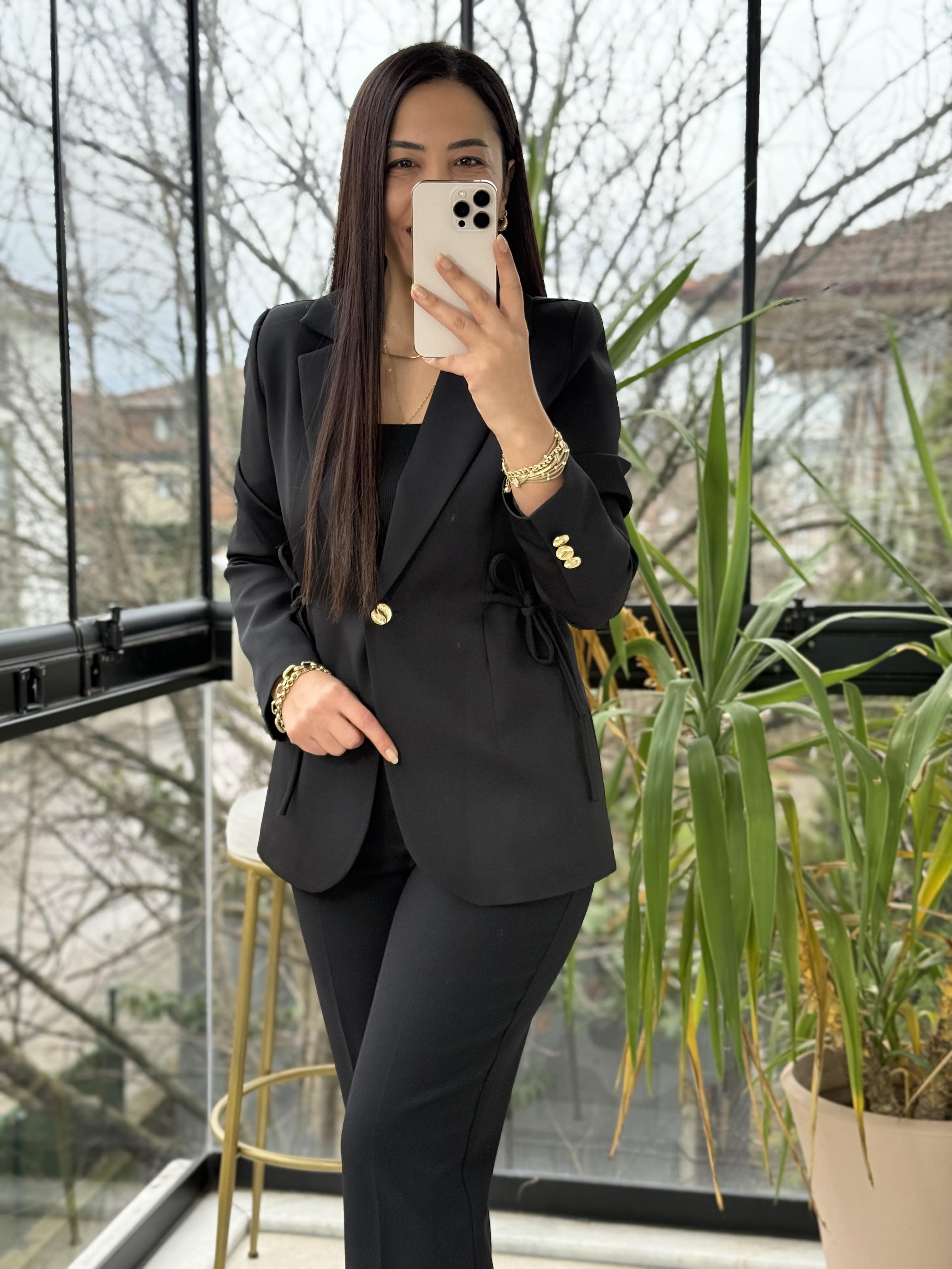 Yanı Bağcıklı Slim Blazer Ceket Siyah